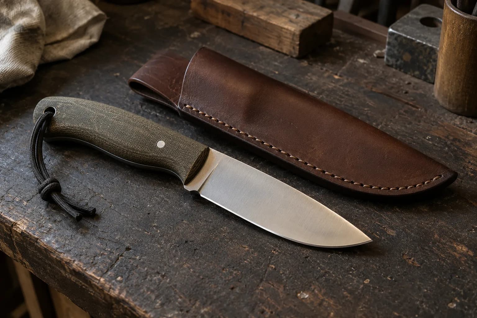 Drop-point knife with green micarta handle and lanyard lying beside a stitched brown leather sheath on a worn dark bench.
