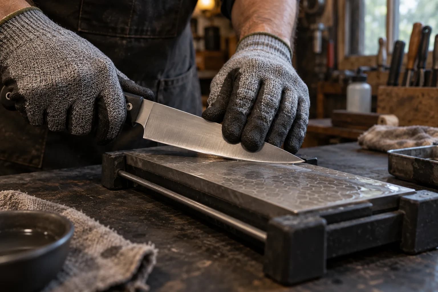 Gloved hands hold a knife bevel against a diamond sharpening plate locked in a black bench holder.