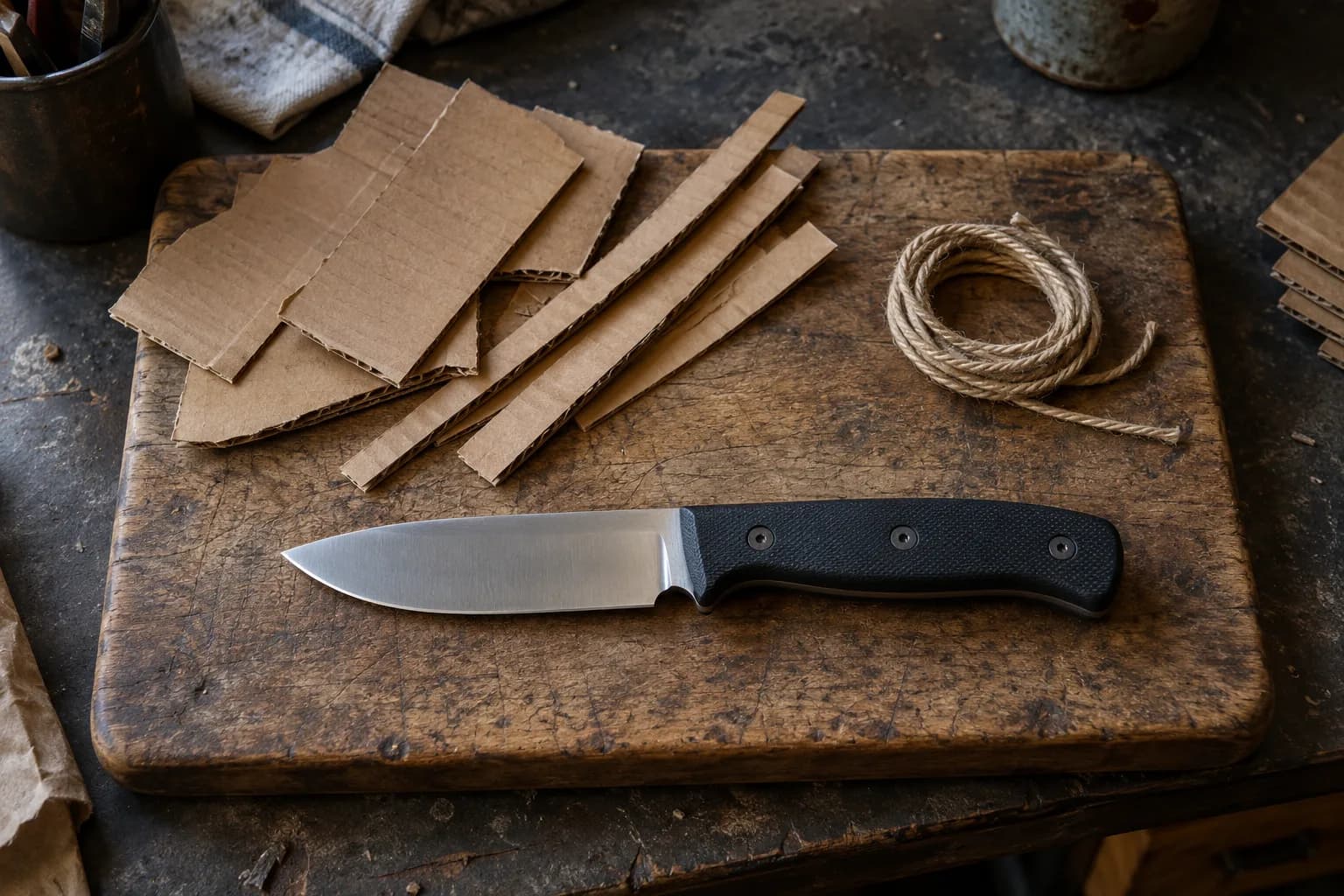Black-handled drop-point knife on a worn wooden board beside cut cardboard strips and a coil of twine
