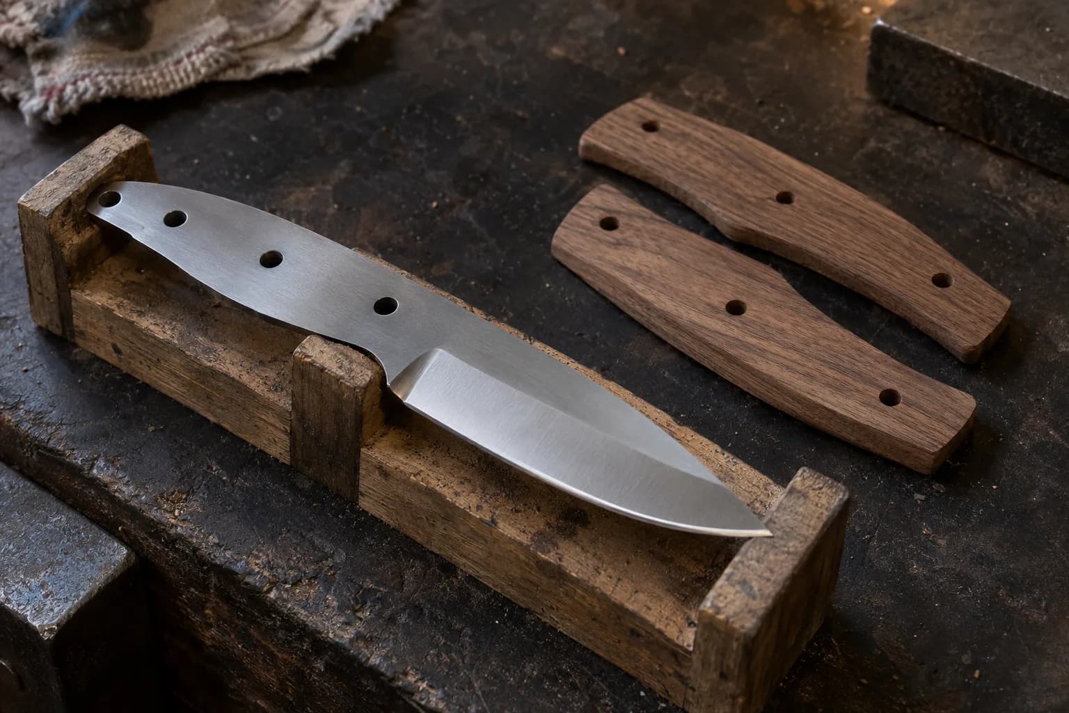 Polished full-tang knife blank in a wooden cradle beside two walnut handle scales with drilled pin holes.