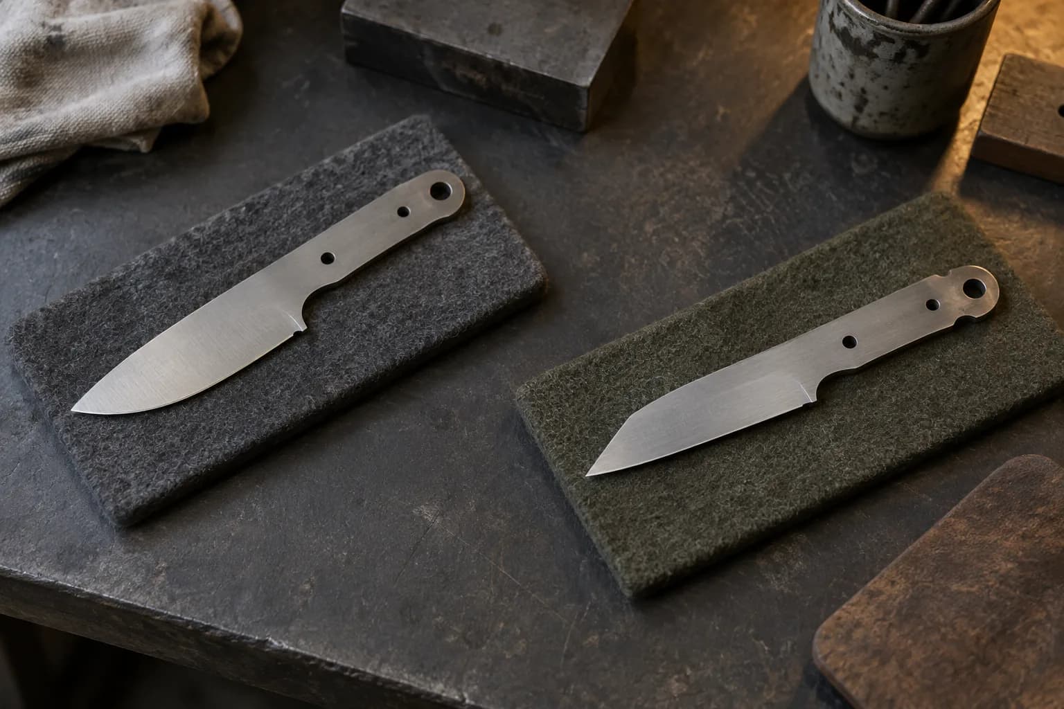 Two plain satin knife blanks, a drop-point and an angled-tip profile, lying on separate gray and olive felt pads on a dark bench.