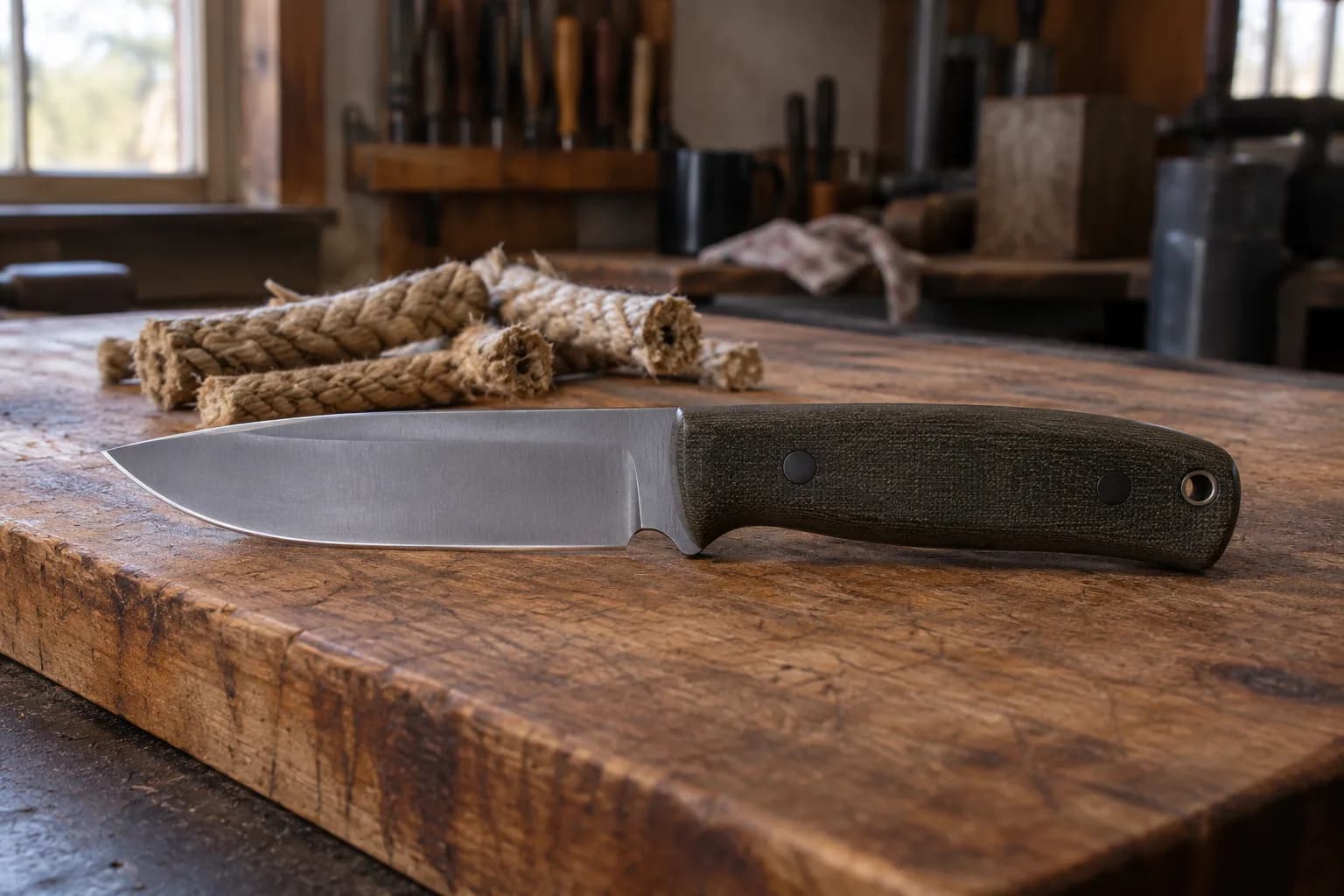Satin-finish drop-point knife with green micarta handle on a worn wooden bench beside short cut lengths of frayed rope.