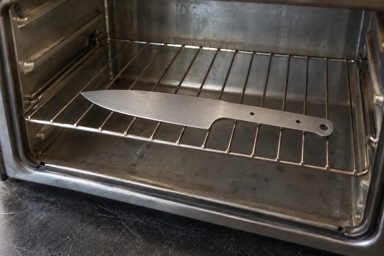 Plain unhandled S35VN chef-style knife blank lying flat on the wire rack of an unheated stainless steel tempering oven.