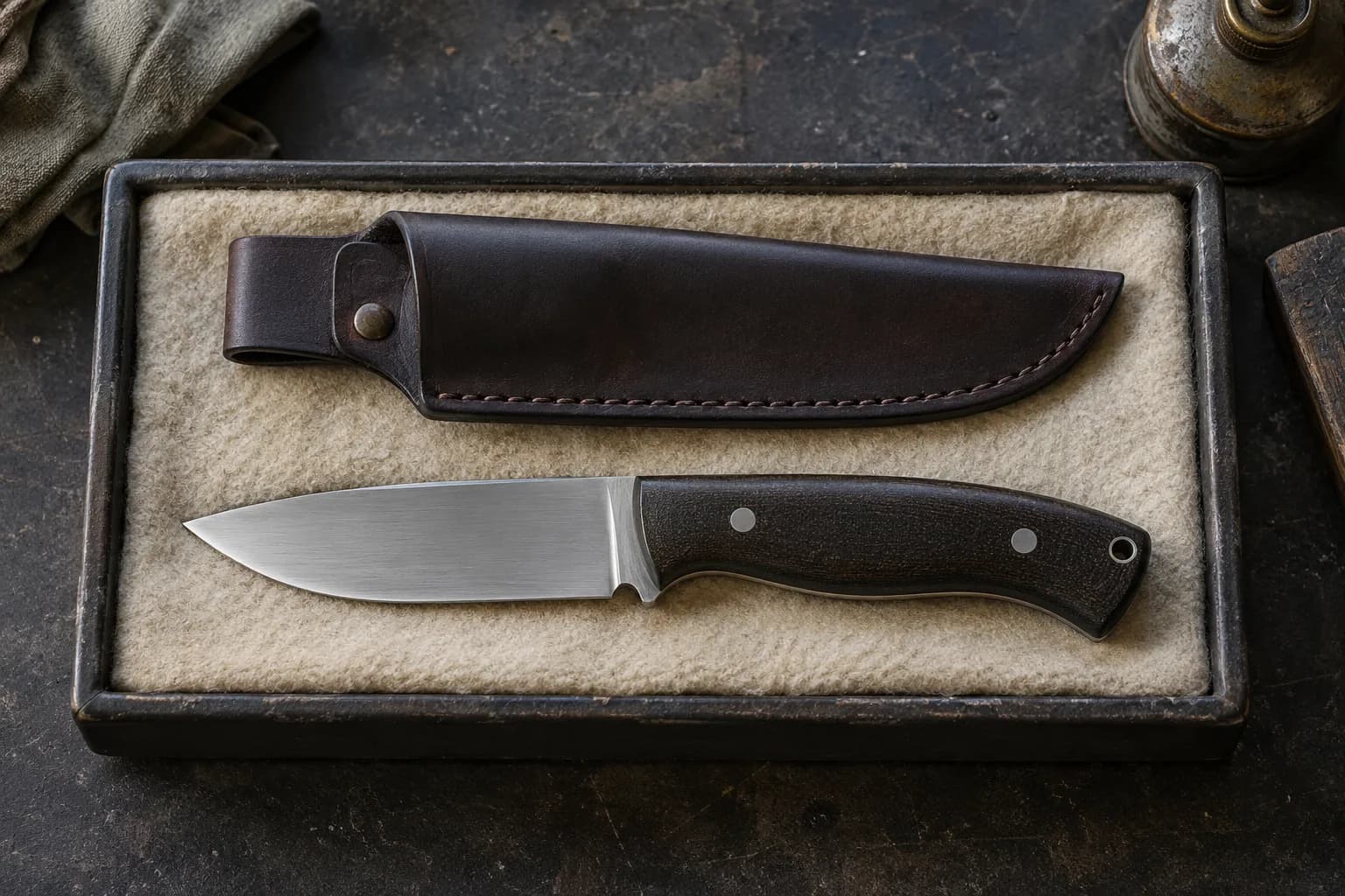 Satin drop-point knife with dark micarta handle in a felt-lined tray beside a plain stitched leather sheath.