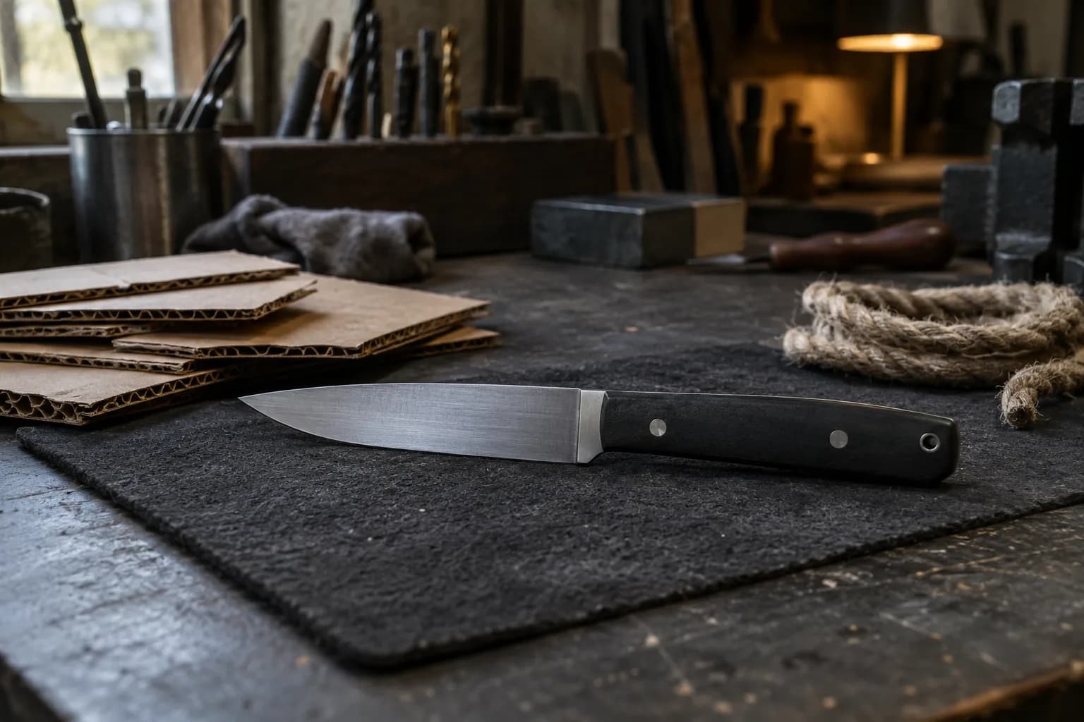 Plain utility knife with black pinned handle lies on a dark felt pad beside cardboard offcuts and a rope coil.