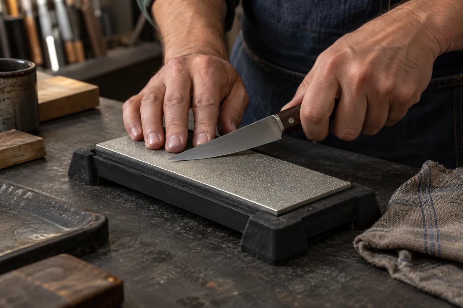 Hands draw a wood-handled utility knife across a fine diamond plate seated in a black bench holder.