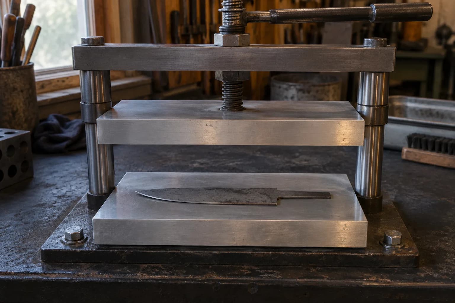 Thin unhandled knife blank lies on a lower aluminum plate beneath a raised upper plate on guide posts and a screw.