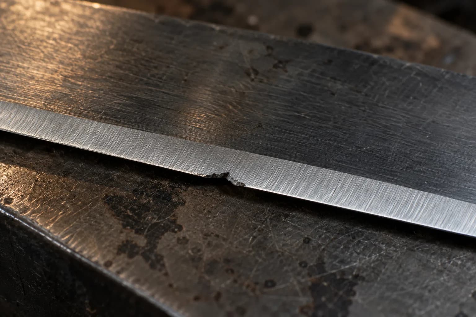 Macro of a ground knife bevel on a dark scratched surface, with one small jagged chip missing from the cutting edge.