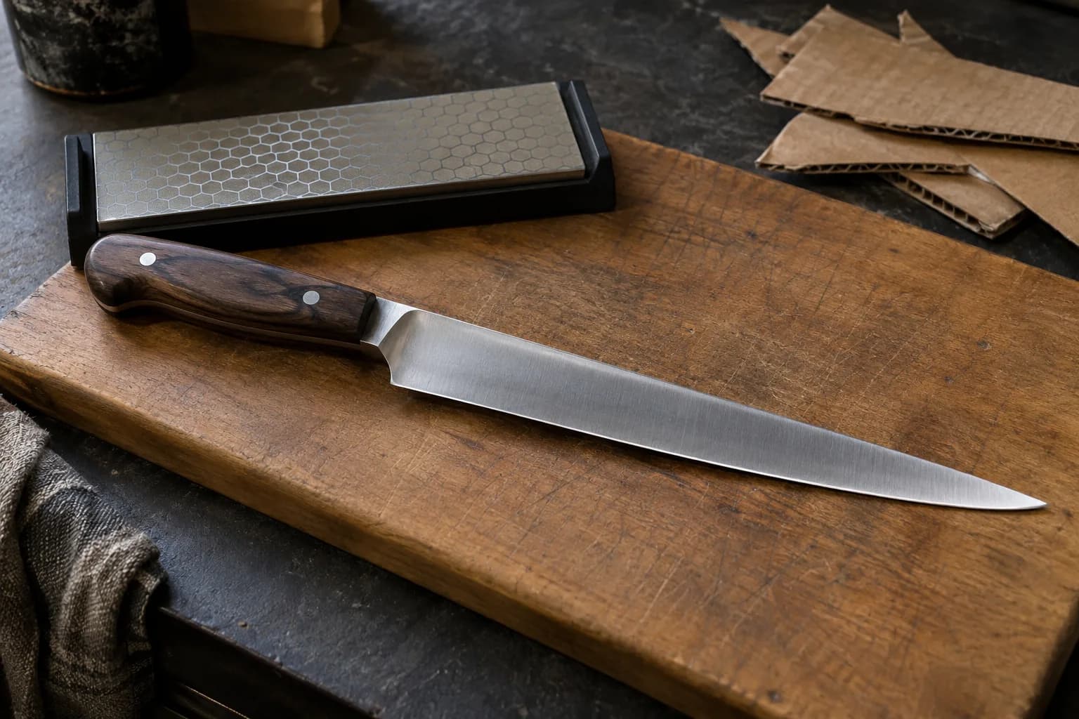 Long thin slicing knife with a dark wood handle on a worn board beside a diamond plate in its holder and cardboard offcuts.