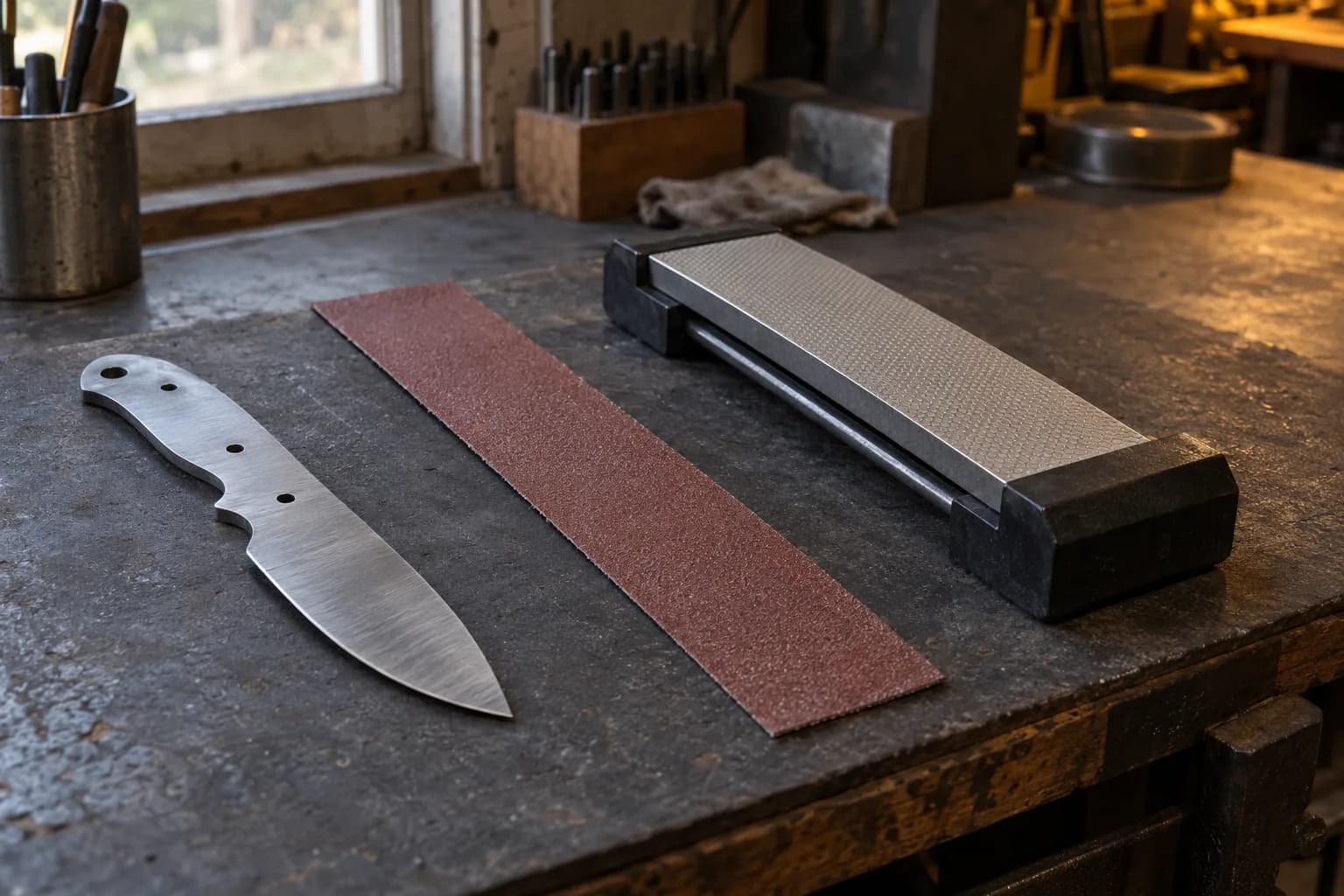 Steel knife blank, a flat strip of red ceramic grinder belt and a diamond sharpening plate in its holder on a dark bench.