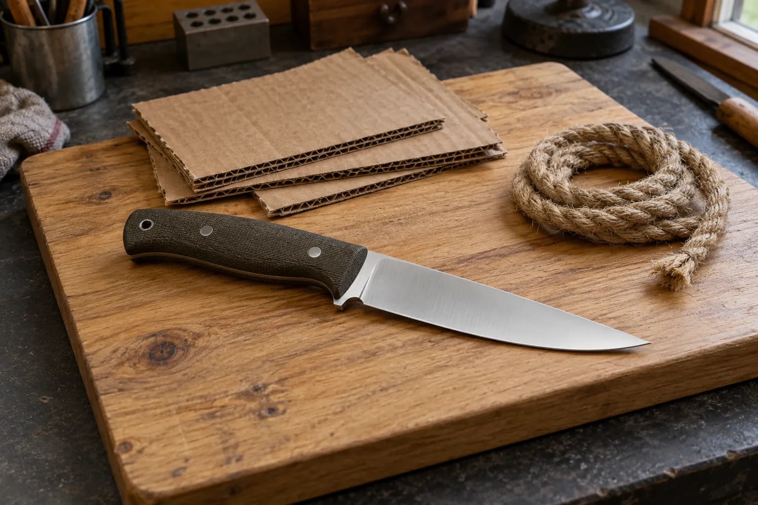 Fixed-blade knife with a green handle lying on an oak board beside stacked corrugated cardboard and a coil of rope.