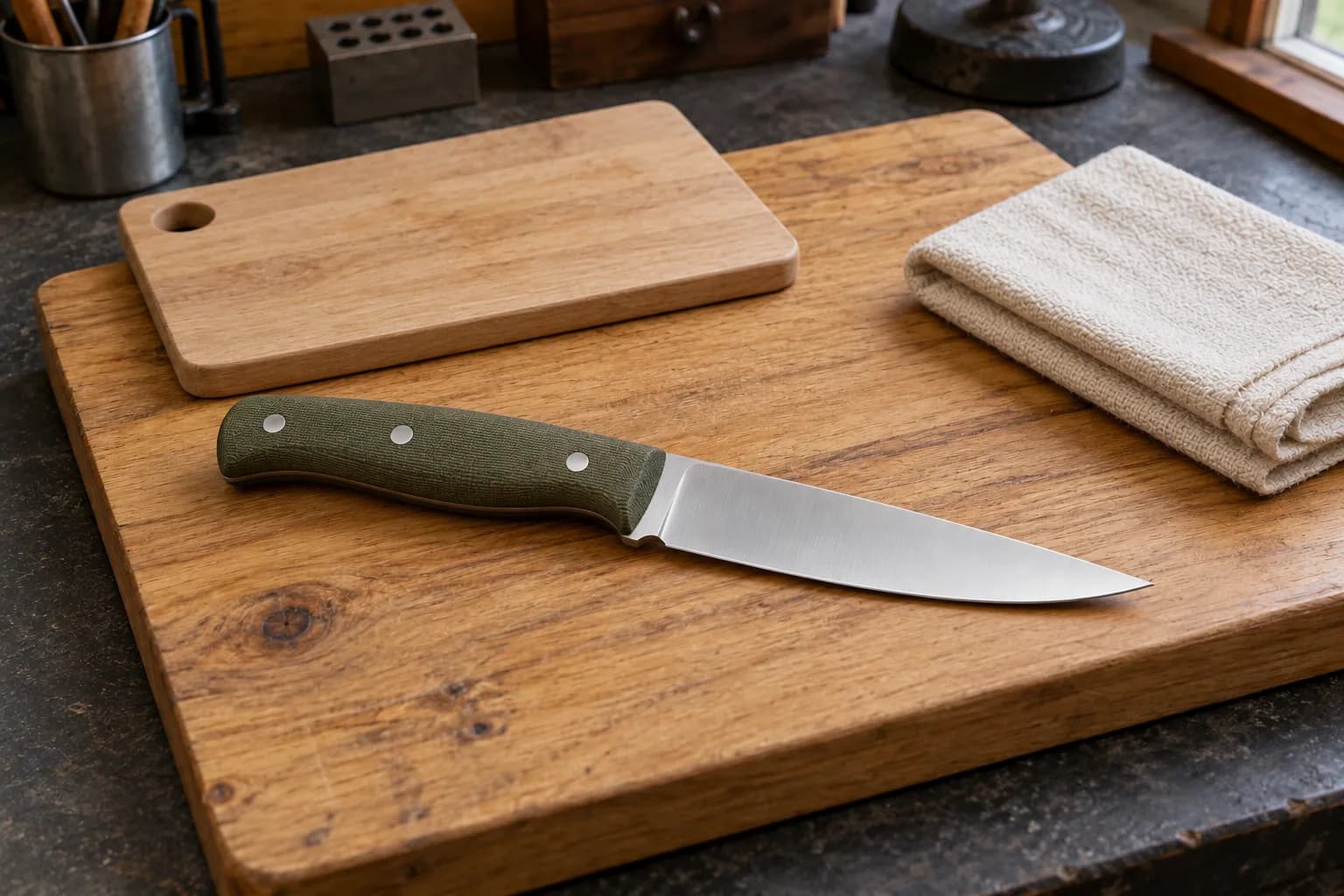 Green micarta-handled utility knife lying on an oak board beside a small cutting board and a folded cream cloth.