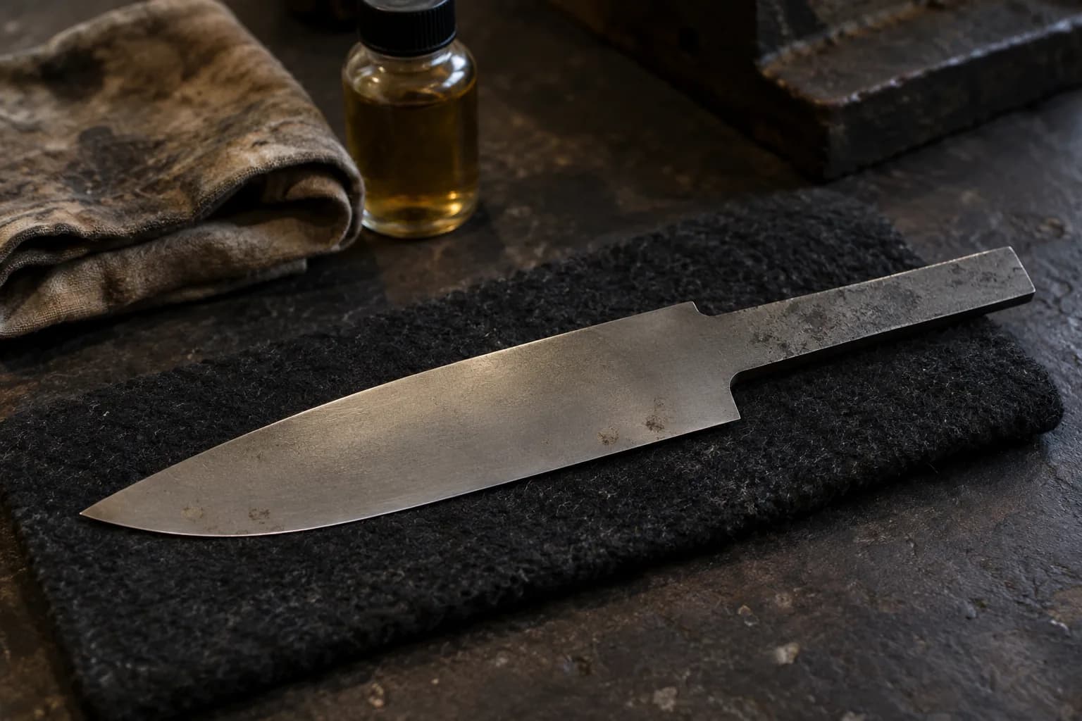 Bare knife blade with a few small brown spots on the flat lies on a dark felt pad beside a folded oil cloth and a small bottle.