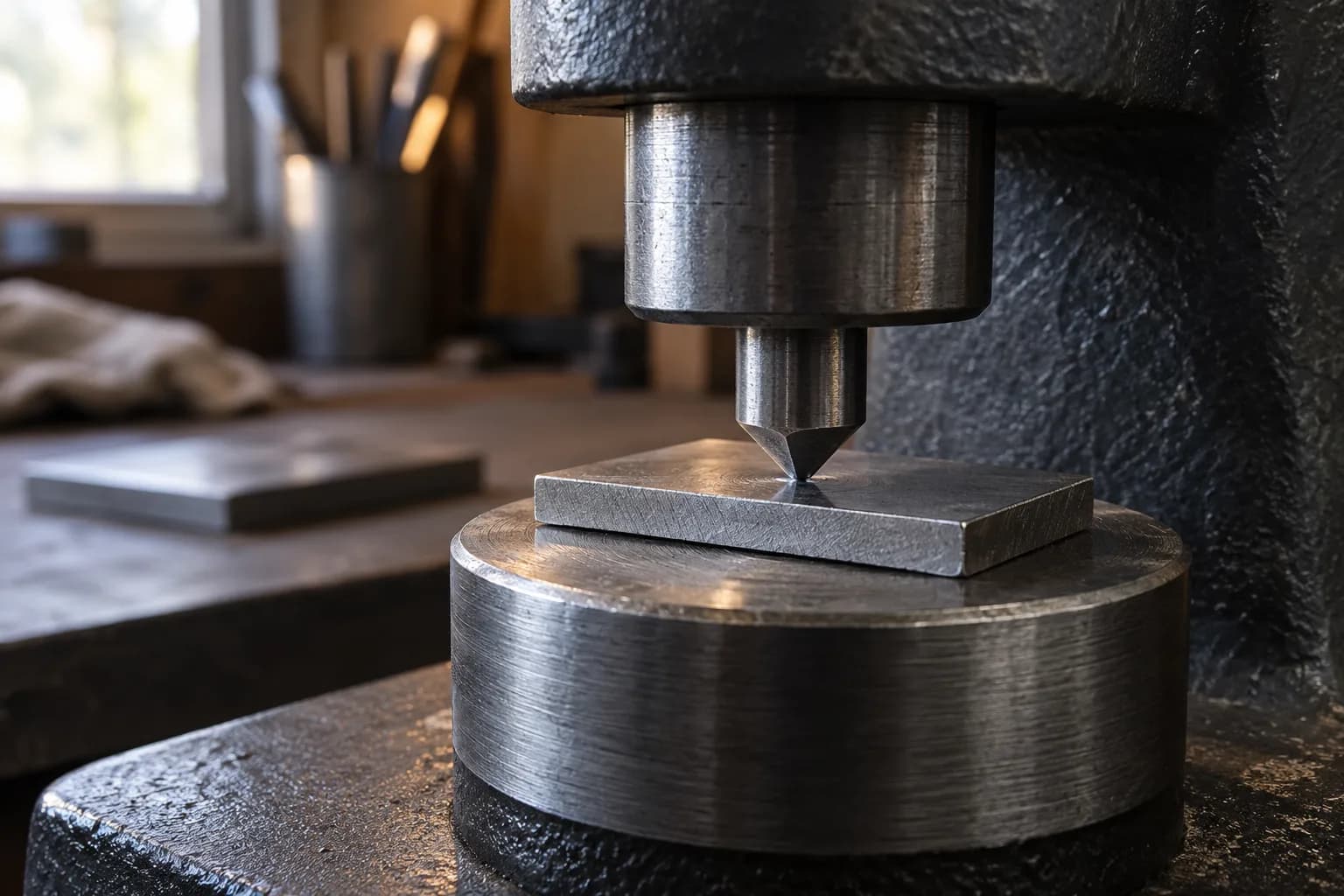 Flat steel coupon on a round anvil with a diamond indenter touching its top face, a spare coupon blurred behind.
