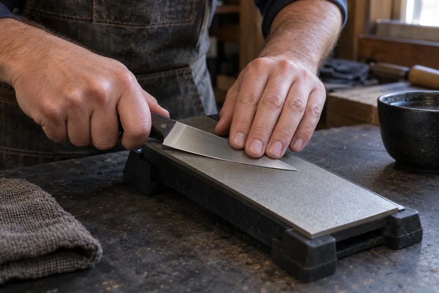 Hands hold a plain utility knife flat on a fine diamond plate in a black cradle, fingers on the blade away from the edge.