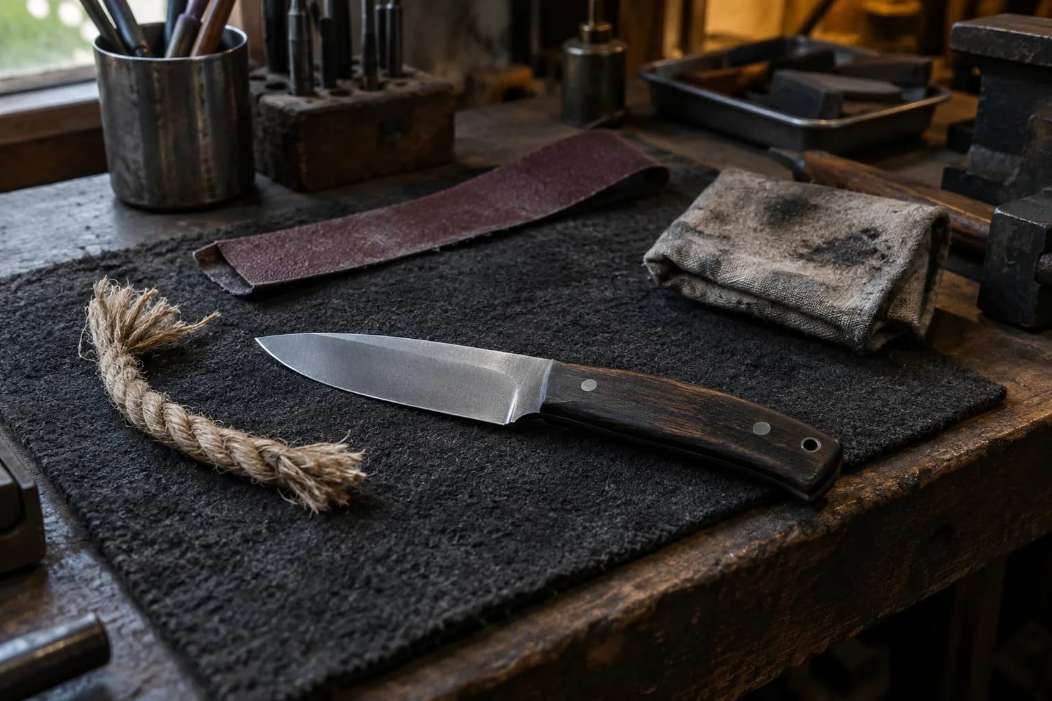 Plain fixed blade with dark wood handle on a charcoal pad beside a rope offcut, abrasive strip and folded cloth.