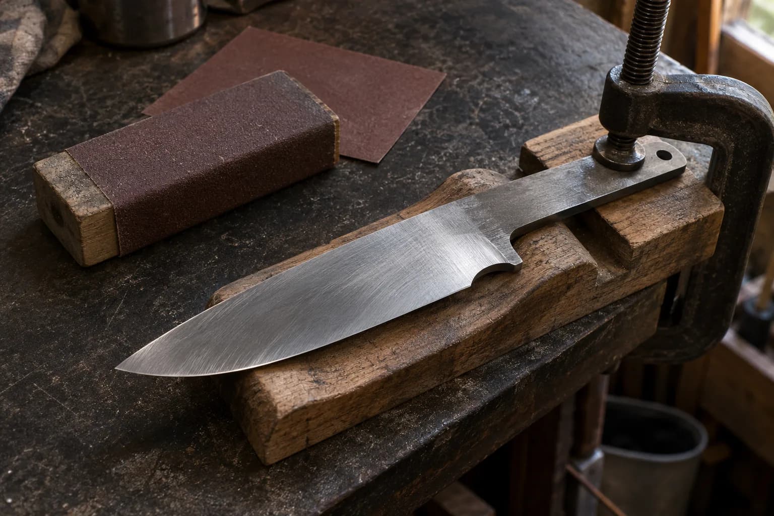 Cold full-tang knife blank clamped on a wooden sanding board beside a sandpaper-wrapped block and a loose sheet