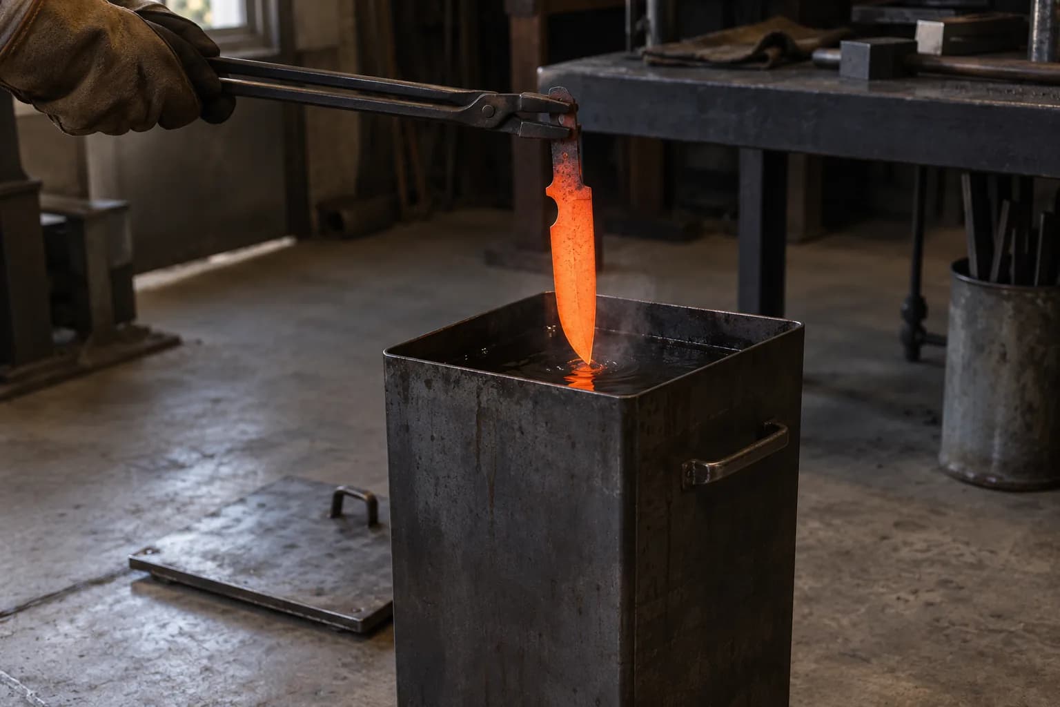 Glowing orange-red knife blank held point-first in long tongs by a gloved hand, entering a steel quench tank
