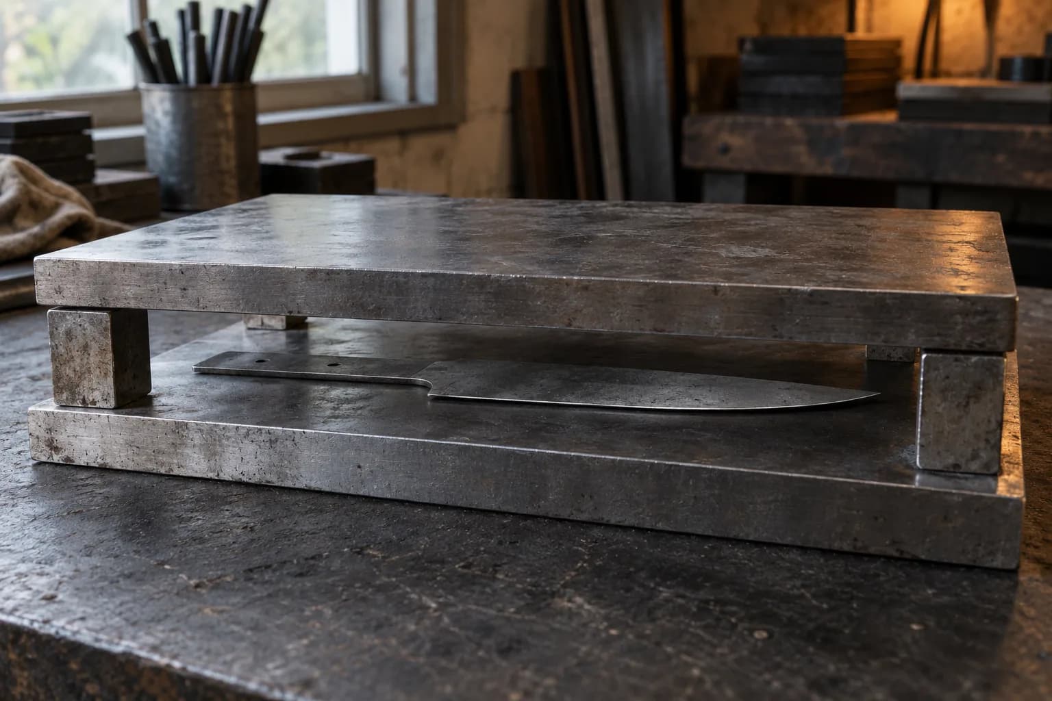 Cold gray knife blank flat on a thick steel plate beneath a second plate resting on four spacer blocks