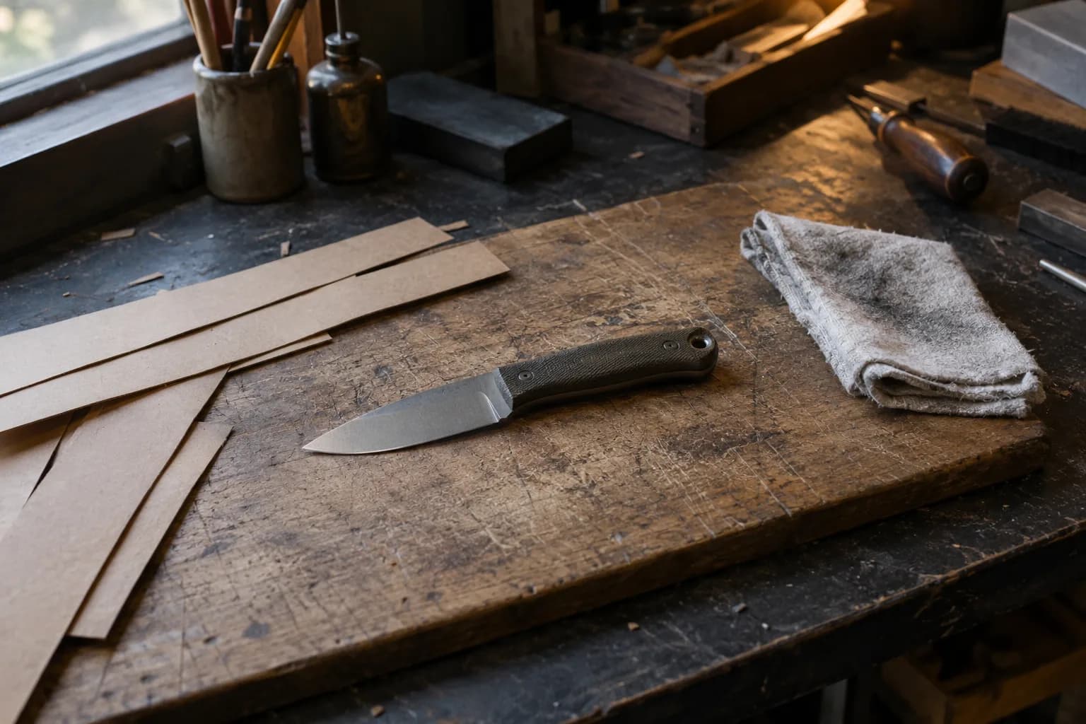 Utility knife with dark textured handle on a scarred wooden board beside cardboard strips and a folded shop rag