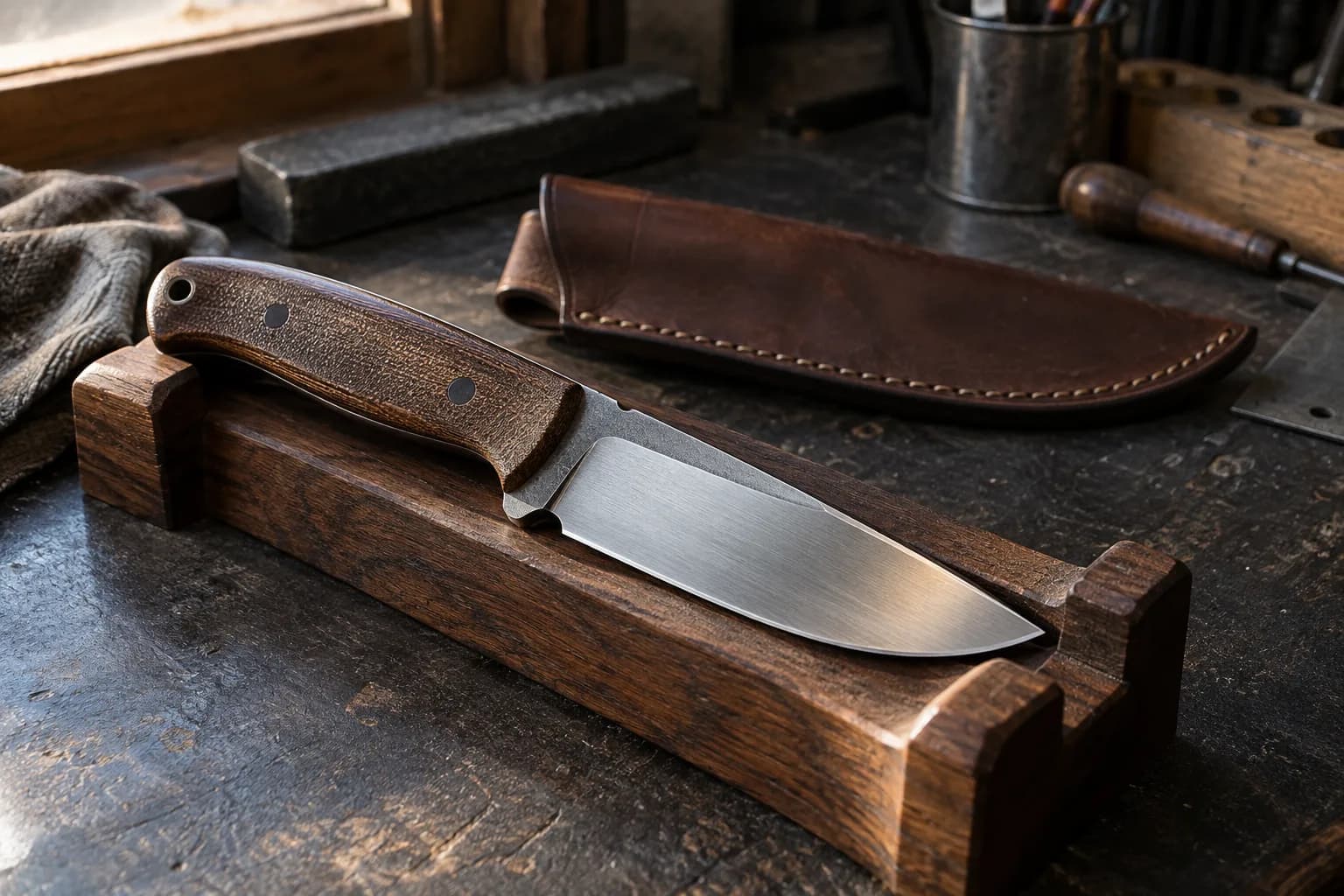 Finished drop-point knife with a brown textured handle resting in a wooden bench cradle beside a stitched leather sheath.