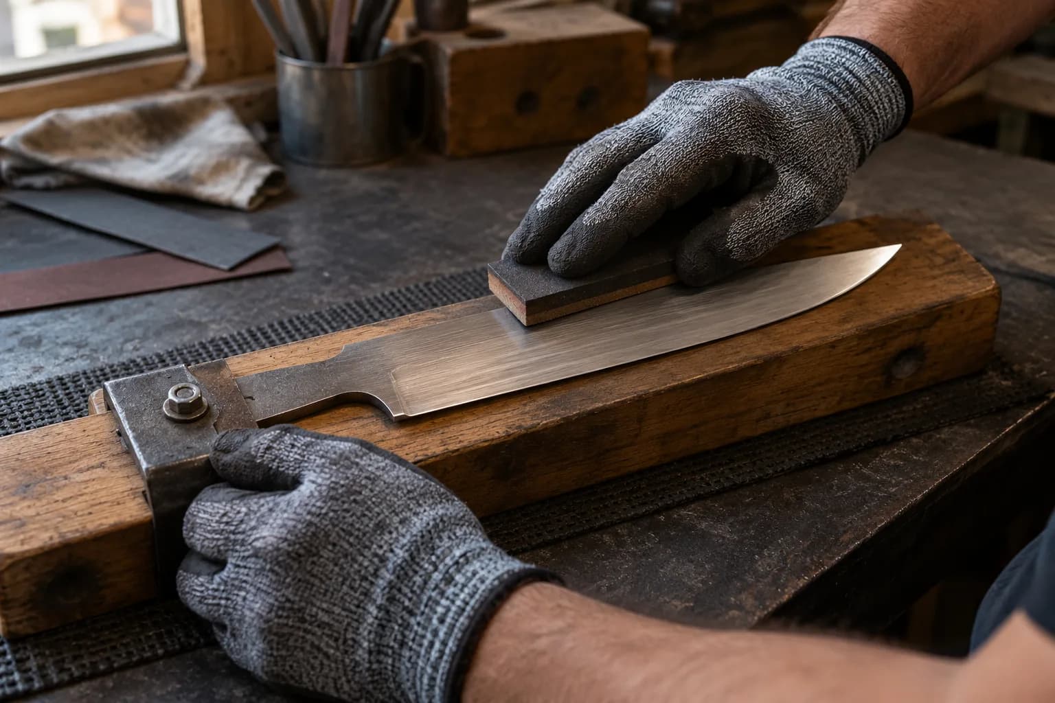 Gloved hands slide a paper-backed sanding block along a clamped chef's knife blade on a wooden support board.