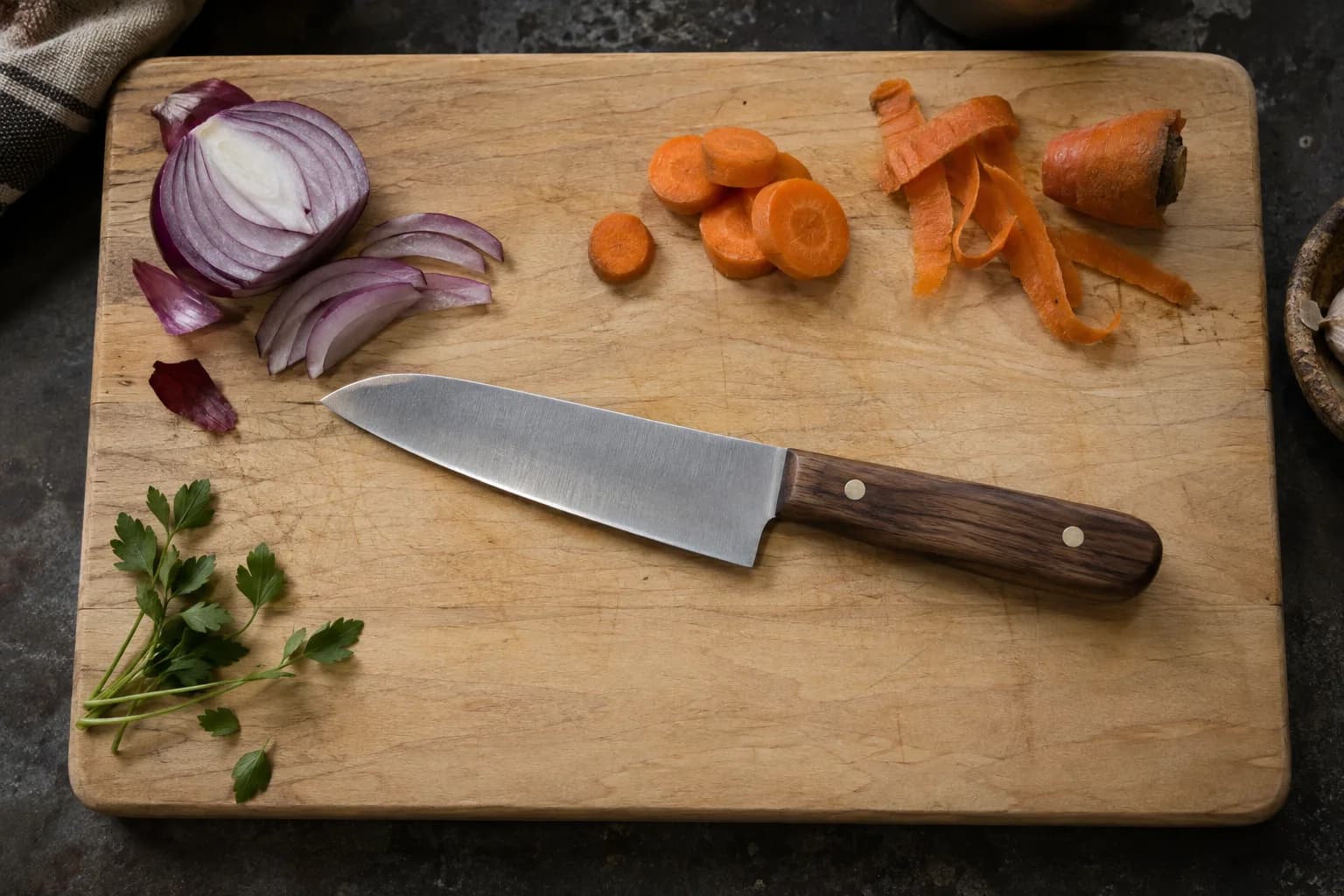 Kitchen utility knife with a walnut handle lying flat on a maple board beside sliced red onion, carrot and parsley.