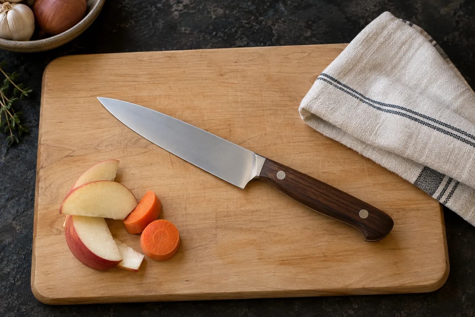 Chef-style utility knife with a dark wood handle on a maple board beside a folded striped cloth, apple slices and carrot.