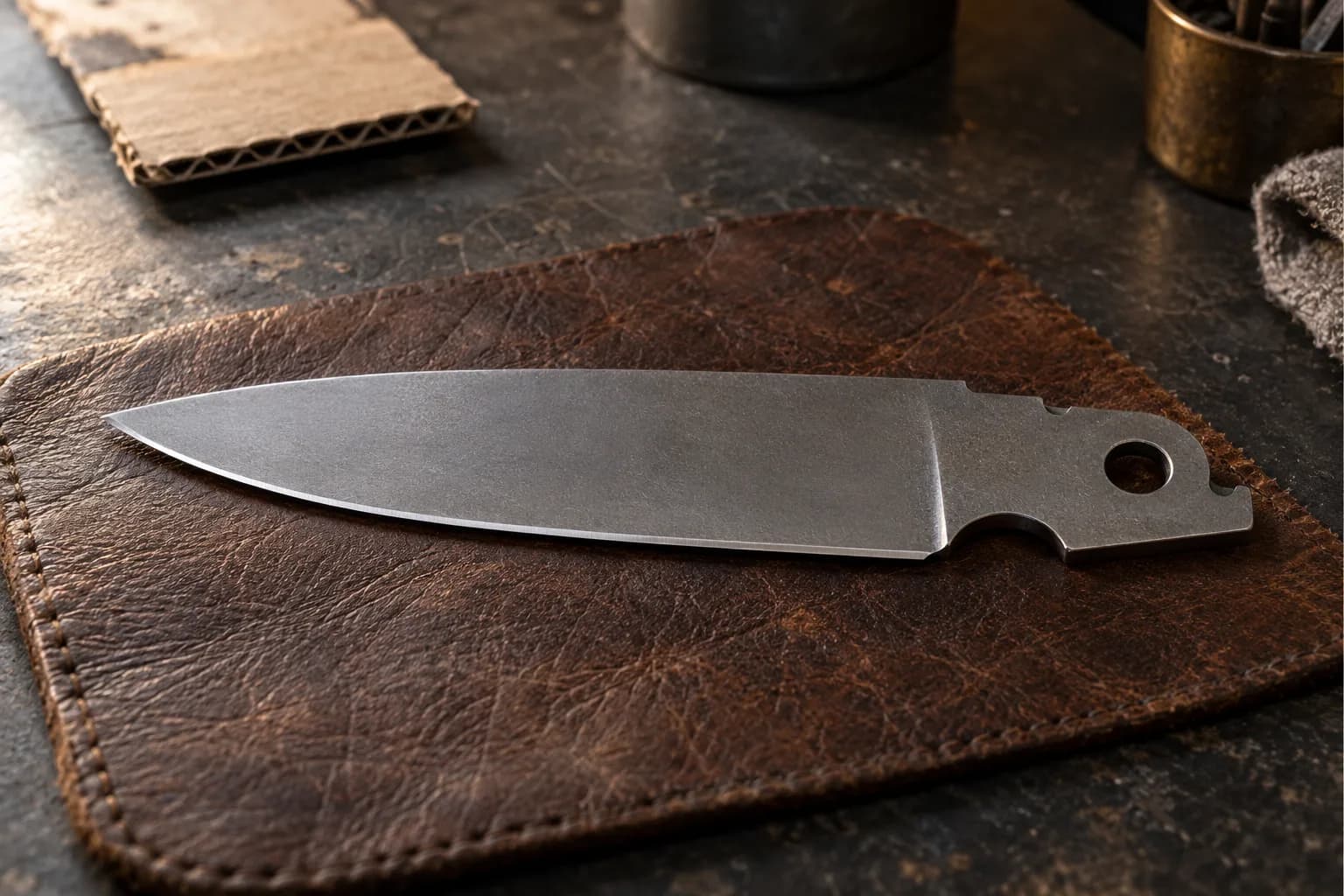 Plain satin knife blade with a narrow bright edge bevel and a pivot hole in the tang, lying on a worn leather pad.