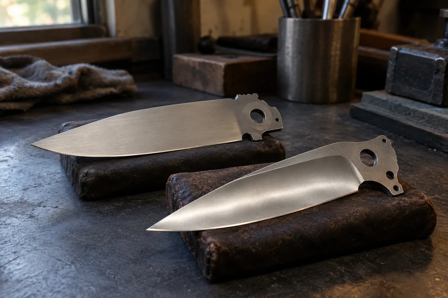 Two bare folder blades on padded blocks, one with a flat grind and one with a curved hollow grind.
