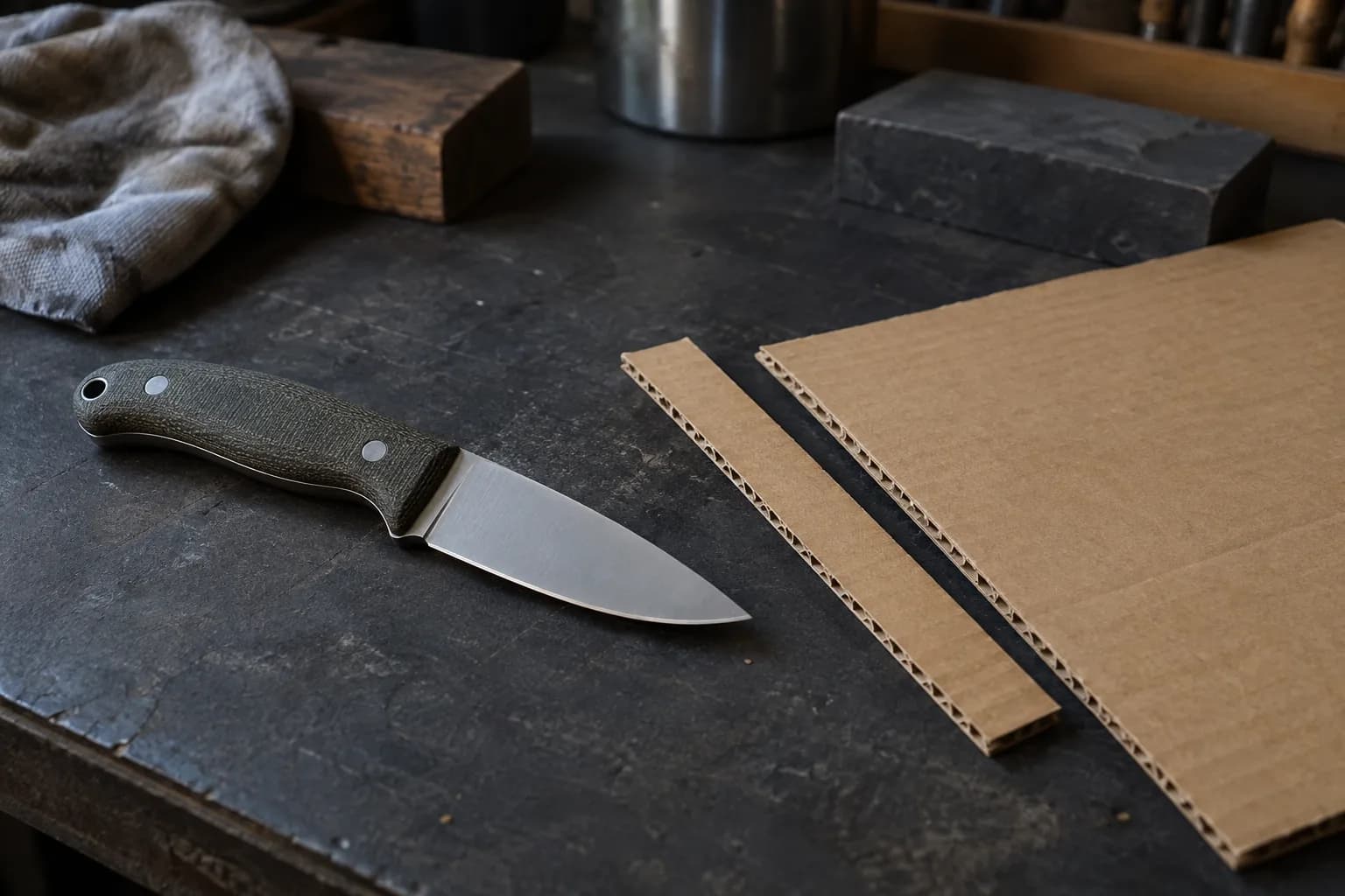 Compact drop-point knife with a green micarta handle lying on a dark bench beside a clean-cut sheet of corrugated cardboard and its offcut strip.