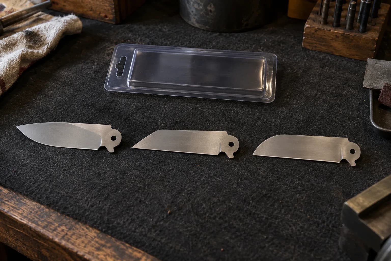 Drop-point, Wharncliffe and sheepsfoot folder blades laid in a row on a dark felt pad beside a blank clear clamshell.