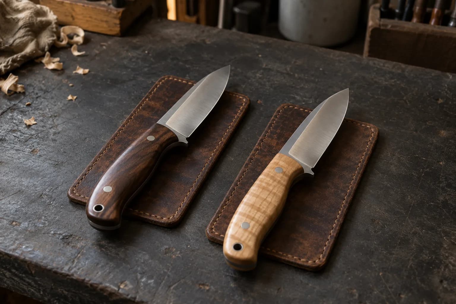Two satin-finish drop-point knives, one with a dark walnut handle and one with pale curly maple, on separate leather pads on a bench.