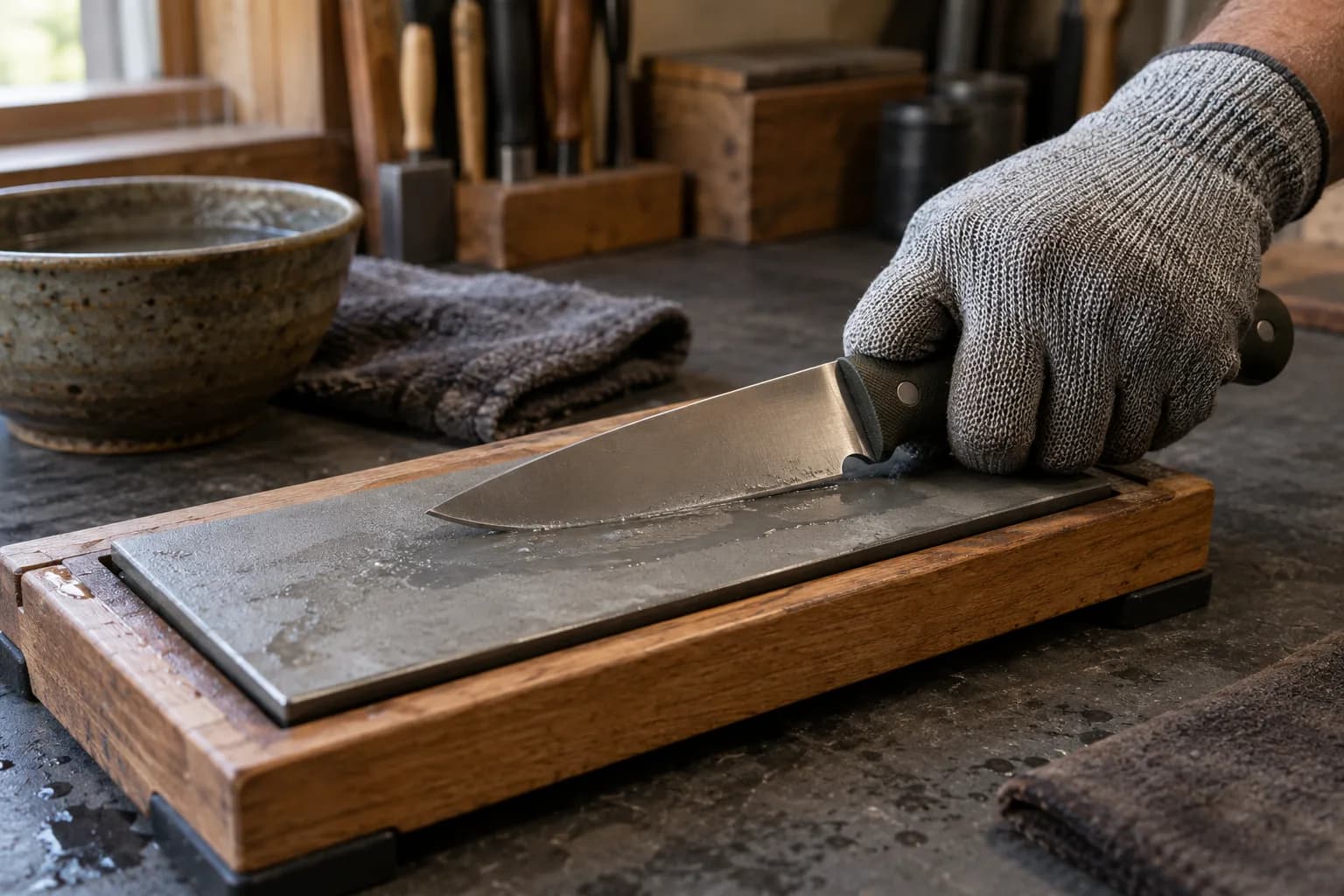 Gloved hand holds a knife with its edge on a wet gray sharpening plate set in a wooden holder, with a water bowl and towel behind.