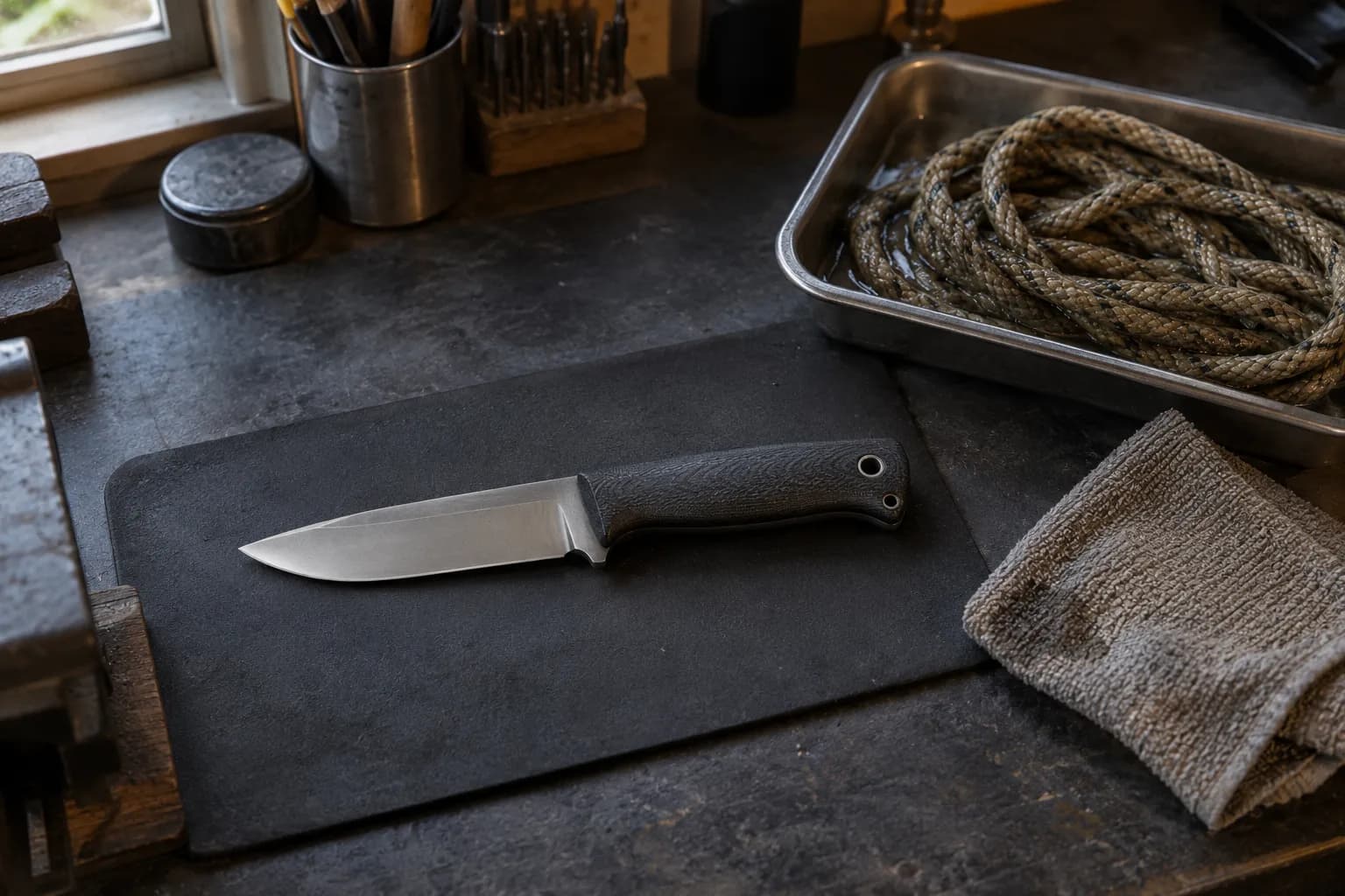 Fixed-blade knife with a black handle on a dry mat beside a steel tray of damp coiled rope and a folded cloth.