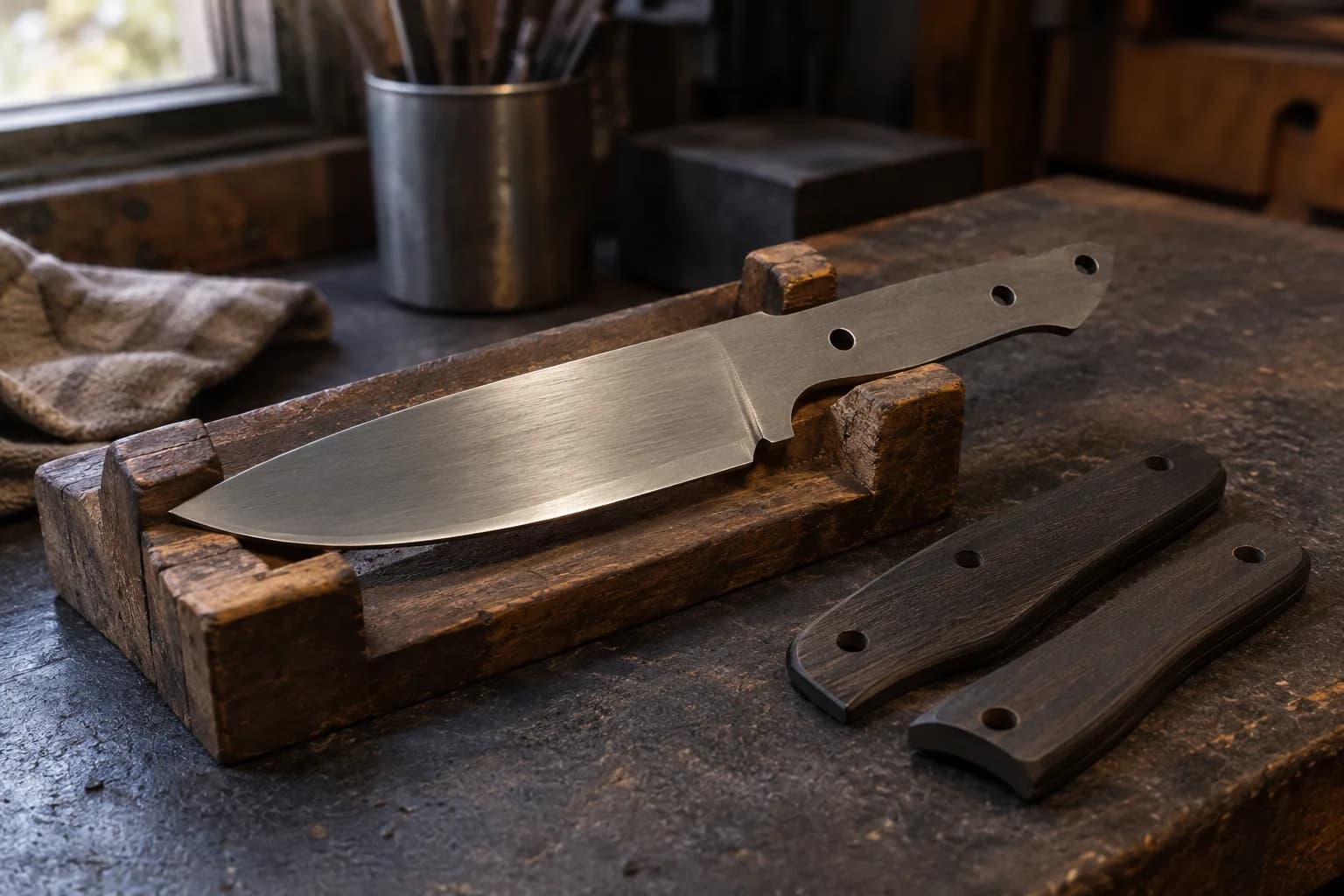 Full-tang knife blank with pin holes resting in a worn wooden cradle, with two dark wood handle scales on the bench beside it.