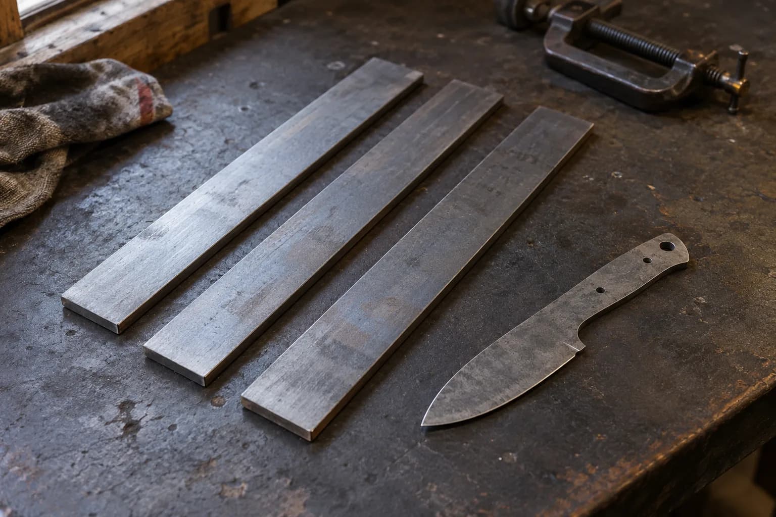 Three flat steel bars lie side by side on a dark bench beside a rough drop-point knife blank, with a C-clamp behind.