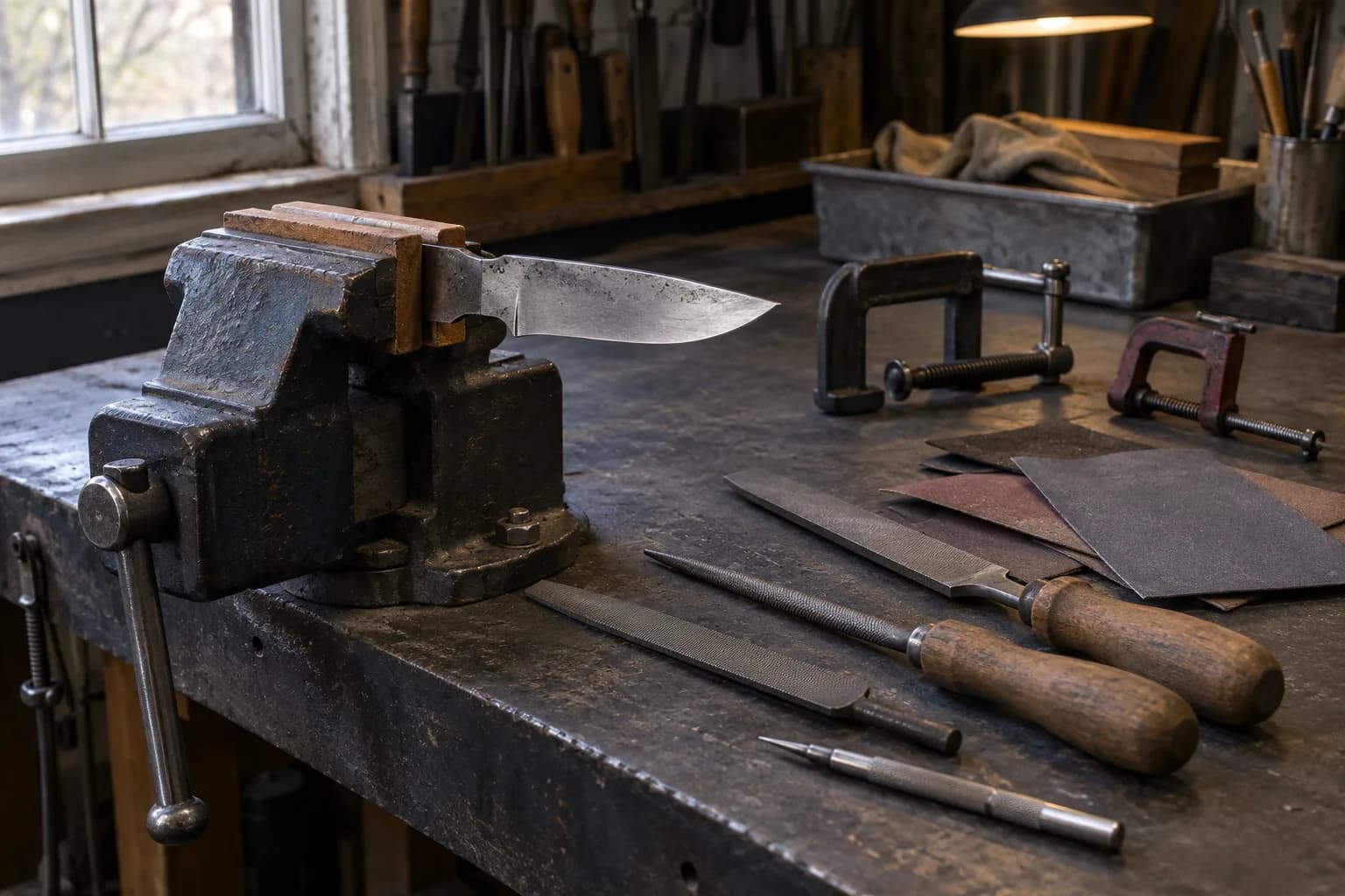 Knife blank held by its tang in a padded bench vise, with files, a scribe, two C-clamps and sandpaper on the bench.