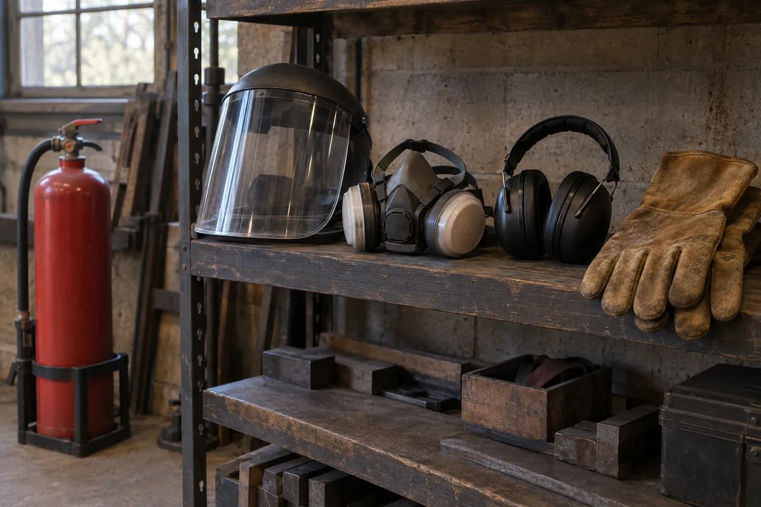 Face shield, half-mask respirator, black earmuffs and leather gloves on a worn shelf, with a red extinguisher in a floor bracket.