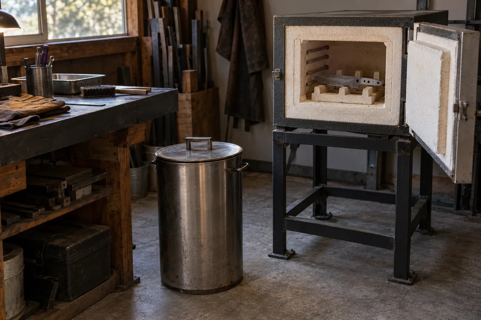 Open unlit kiln on a steel stand holding a gray knife blank on a notched ceramic rack, with a lidded steel quench drum on the floor