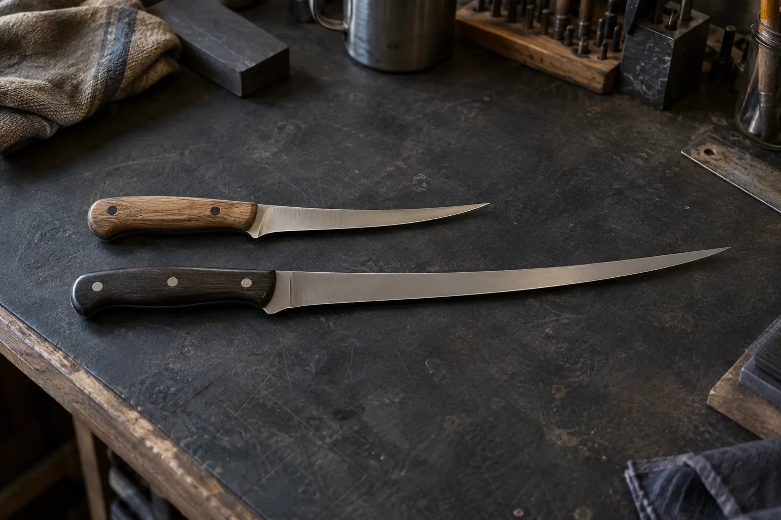 Two fillet knives laid flat on a dark bench: a short one with a wood handle and a longer, slimmer one with a dark handle.