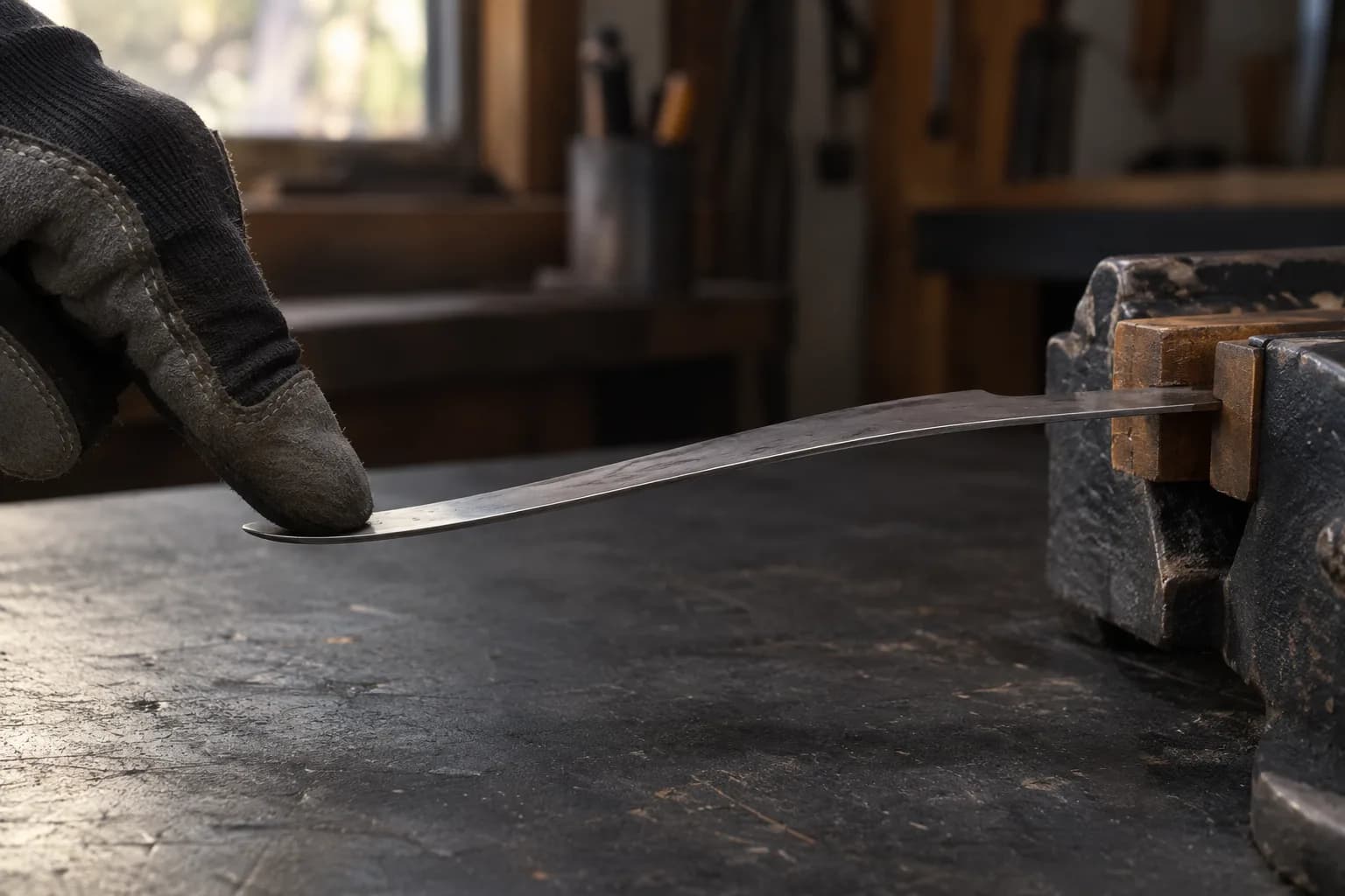 Bare fillet blank clamped by its tang in a bench vise, bent gently down to a gloved fingertip pressing the tip on the bench.