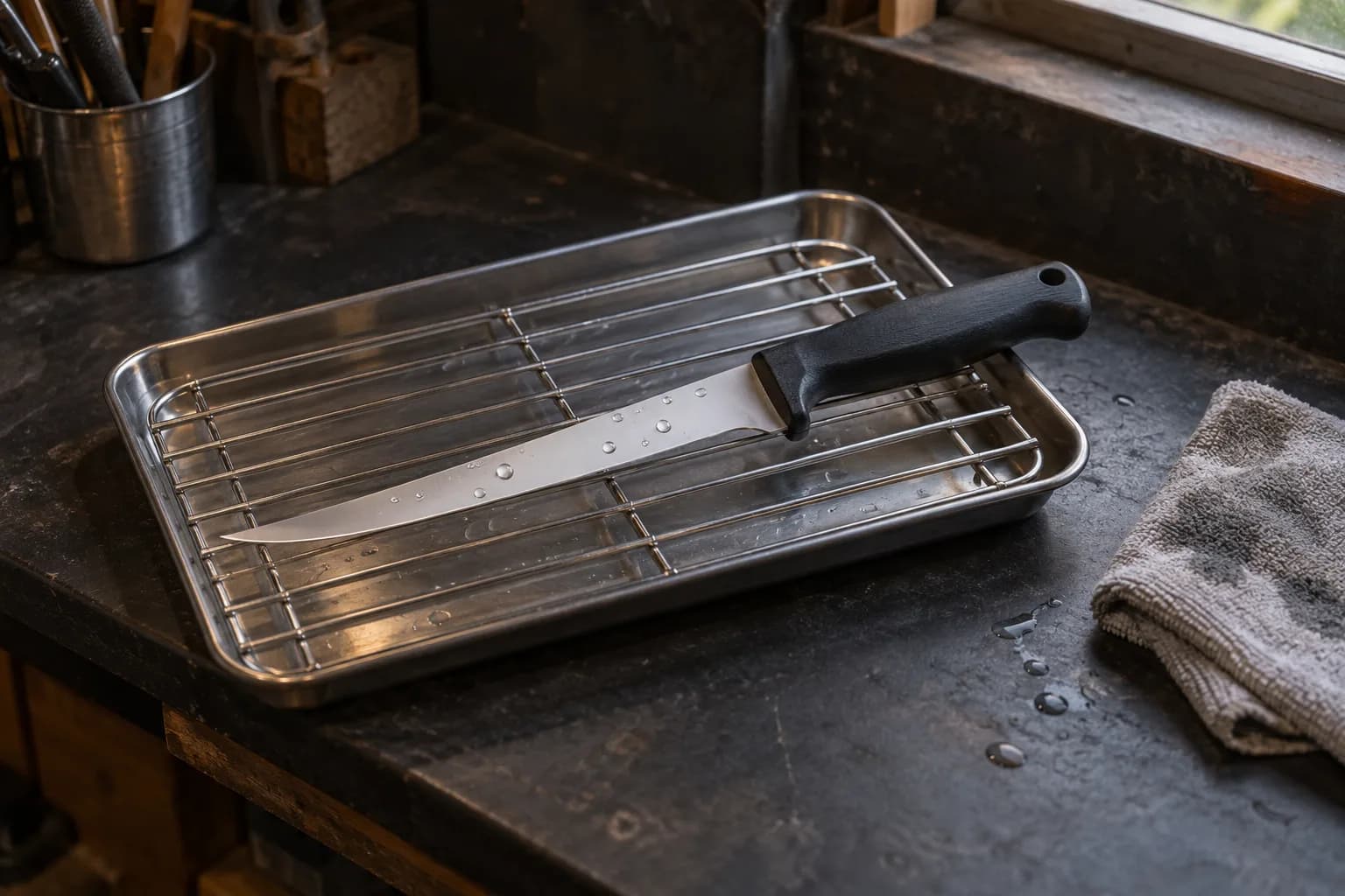 Fillet knife with a black handle on a stainless draining rack in a tray, water beads on the blade, damp gray cloth nearby.