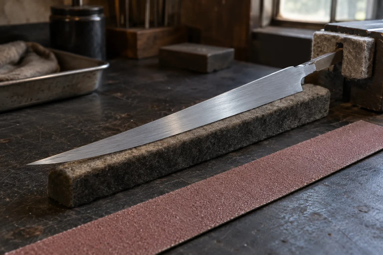 Thin tapered knife blank resting on a felt support, tang clamped in padded vise jaws, with a fresh abrasive belt strip beside it.