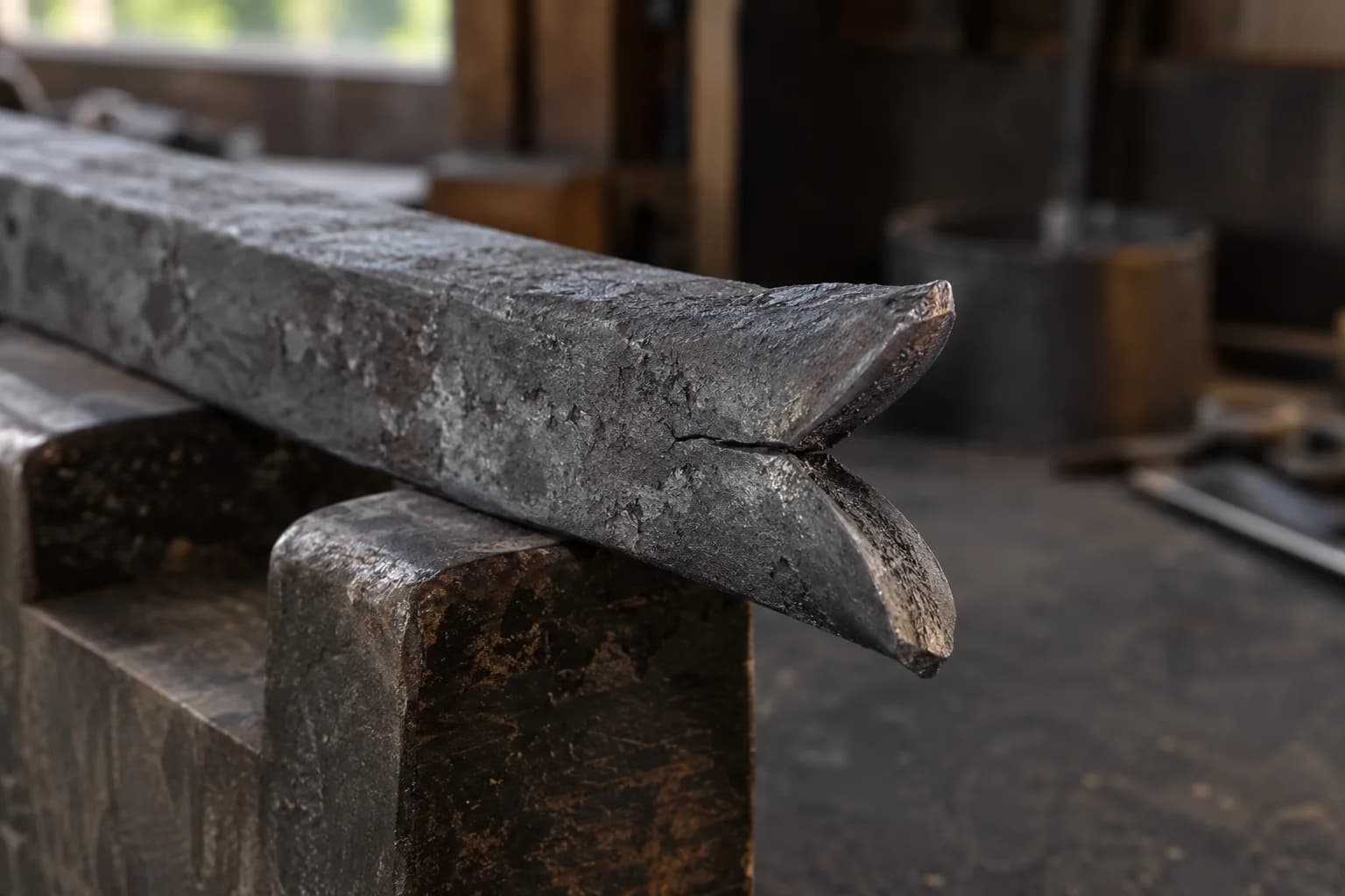 Gray cold forged bar end split into two curled lips with a short crack running inward, resting on a dark steel block.