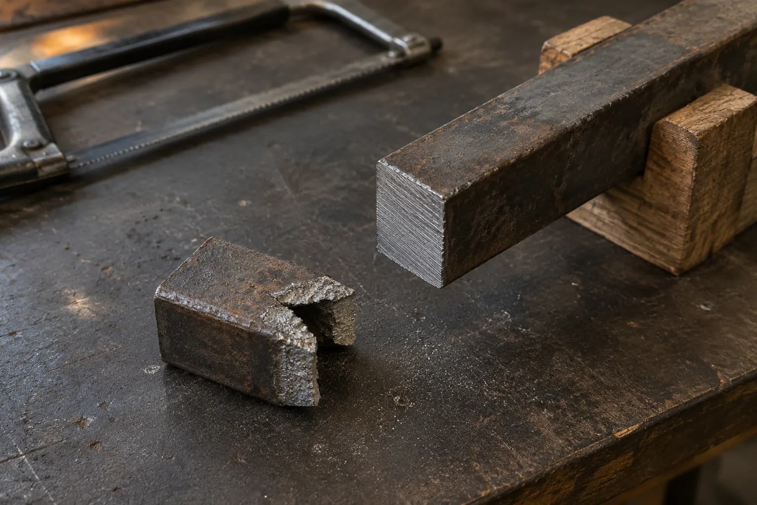 Short fish-mouth offcut with a torn split end lying on a dark bench beside a flat, freshly sawn bar end held in wooden blocks