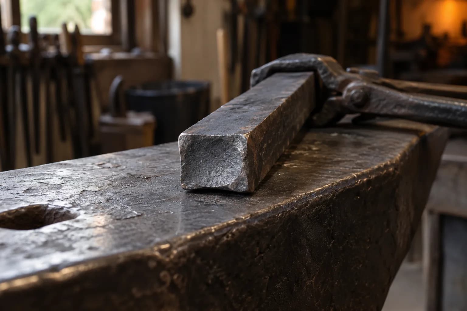 Cooled square forged bar held by tongs on an anvil, its end face shallowly cupped inward with the rim still intact.