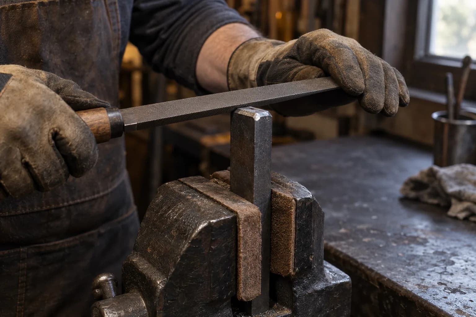 Gloved hands file the corner of a steel bar end held upright between leather-padded vise jaws in a dim shop.