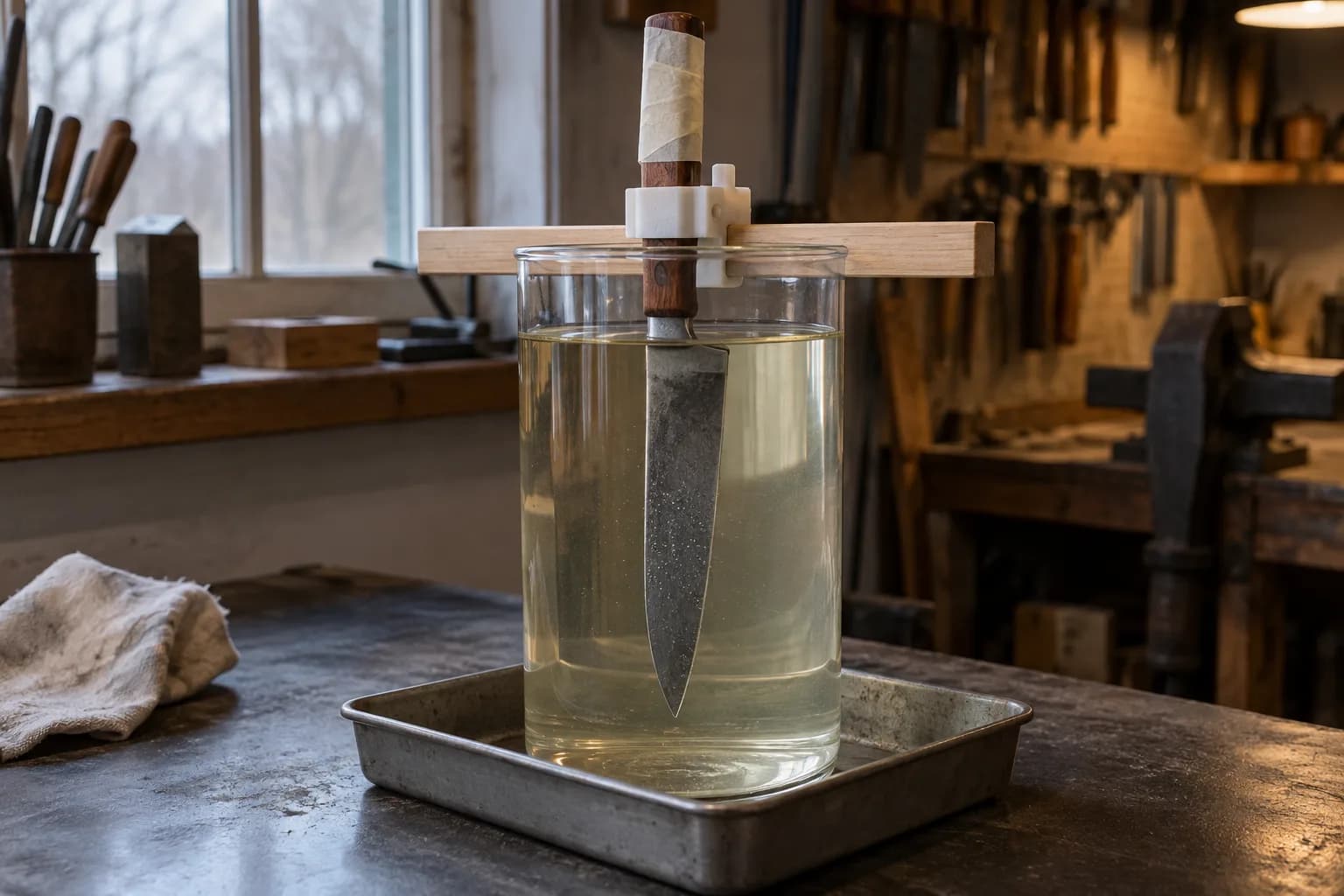 Knife hanging blade-down in a tall glass of pale vinegar from a wooden bridge, taped handle above the liquid, in a tray.