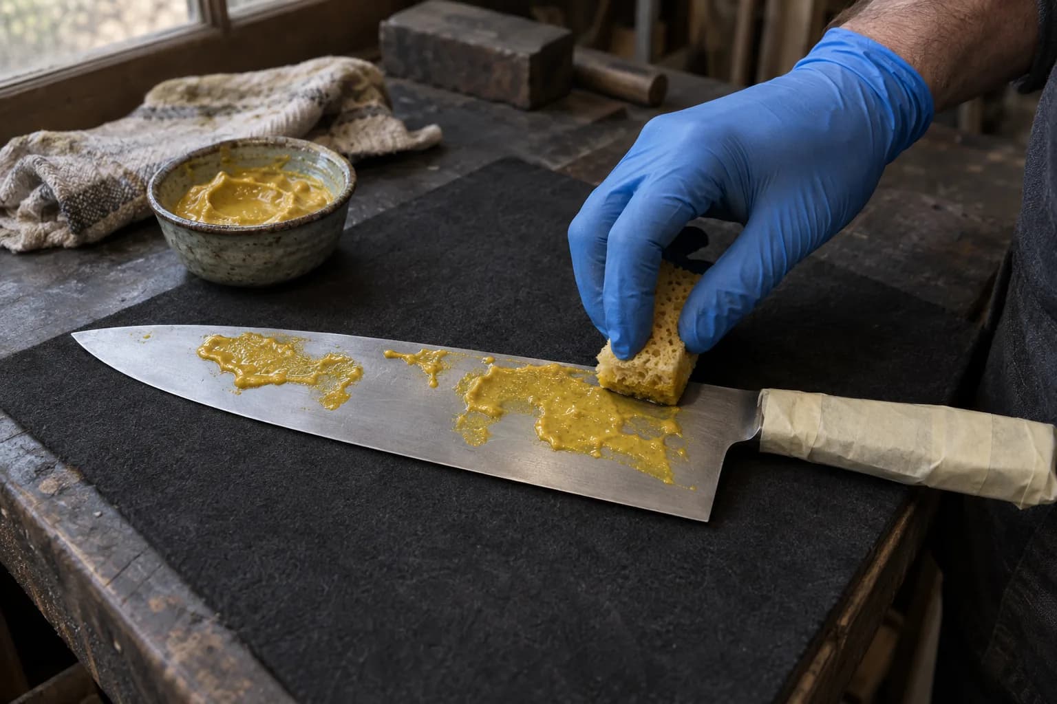 Blue-gloved hand dabbing wet yellow mustard with a sponge onto a taped-handle chef's knife lying on a black mat.